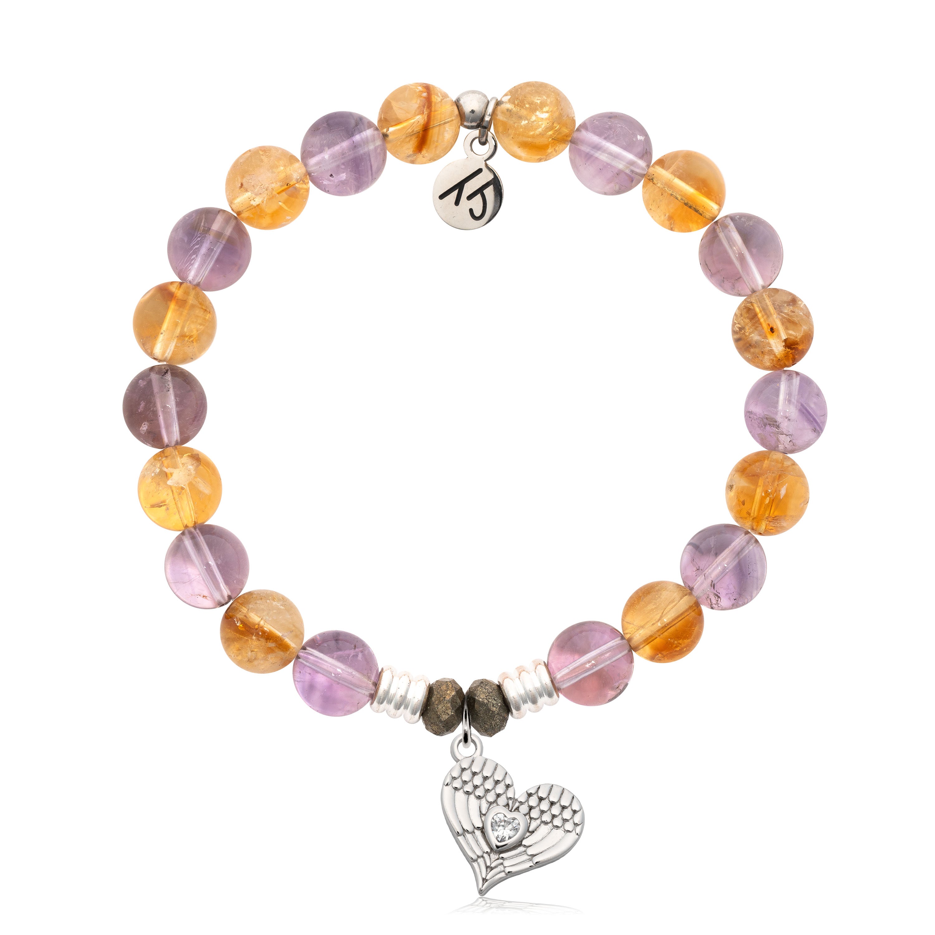 Amethyst Citrine Gemstone Bracelet with Angel Love Sterling Silver Charm