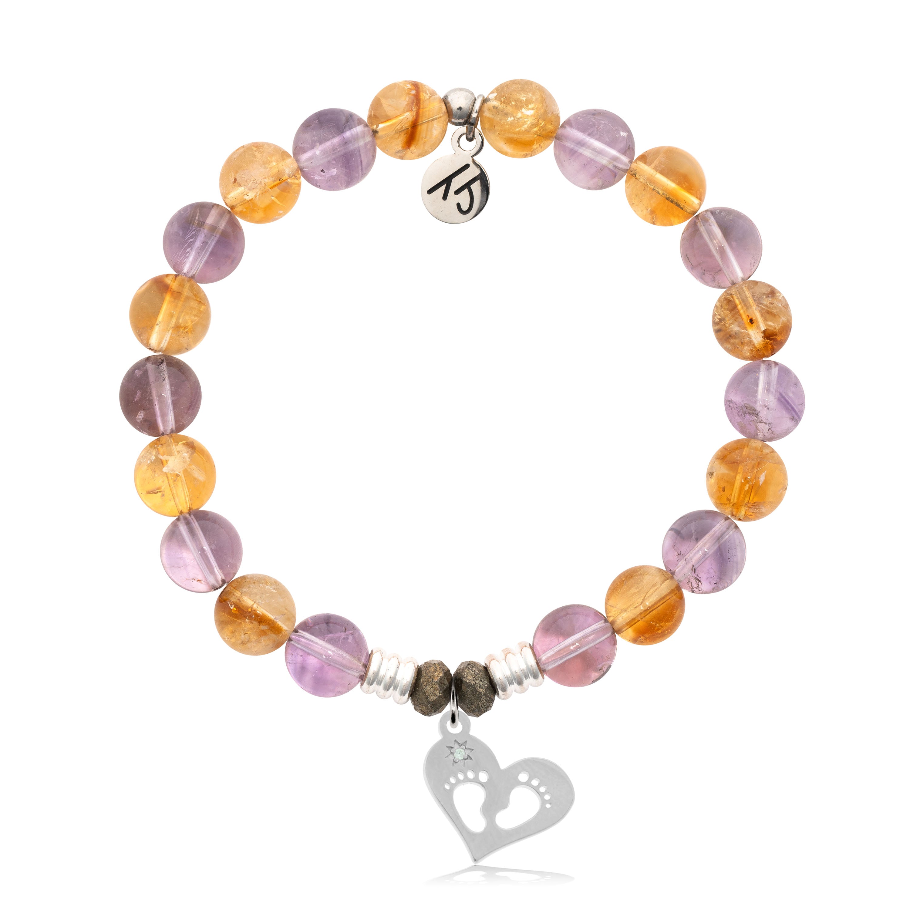 Amethyst Citrine Gemstone Bracelet with Baby Feet Sterling Silver Charm