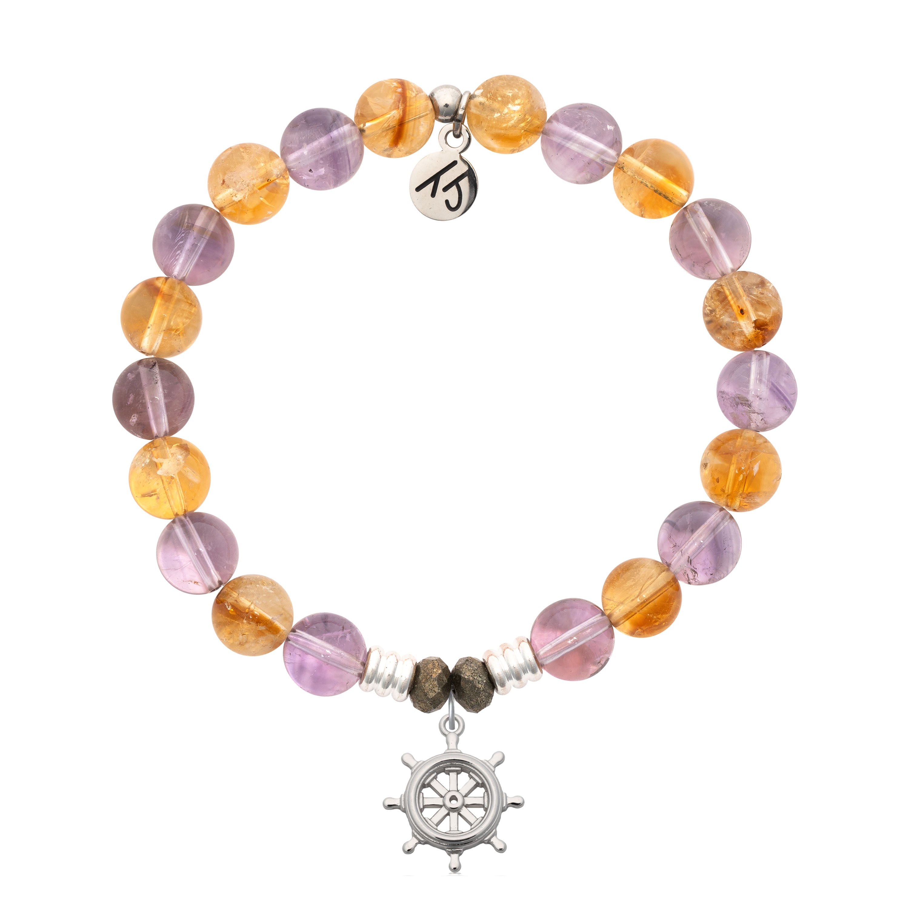Amethyst Citrine Gemstone Bracelet with Captain Wheel Sterling Silver Charm