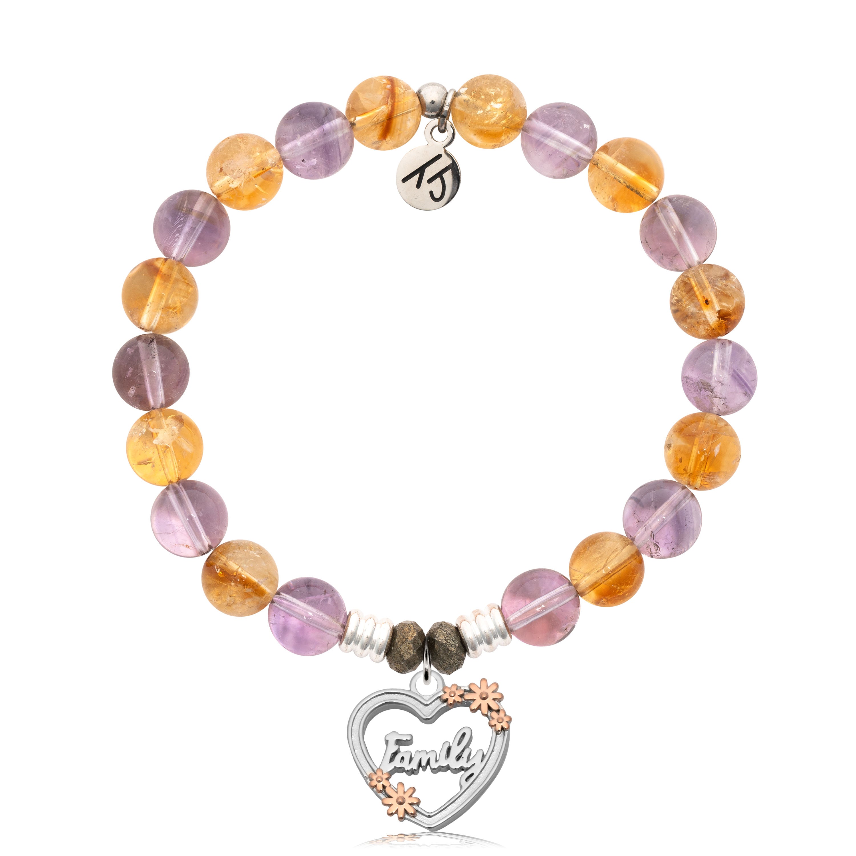 Amethyst Citrine Gemstone Bracelet with Heart Family Sterling Silver Charm