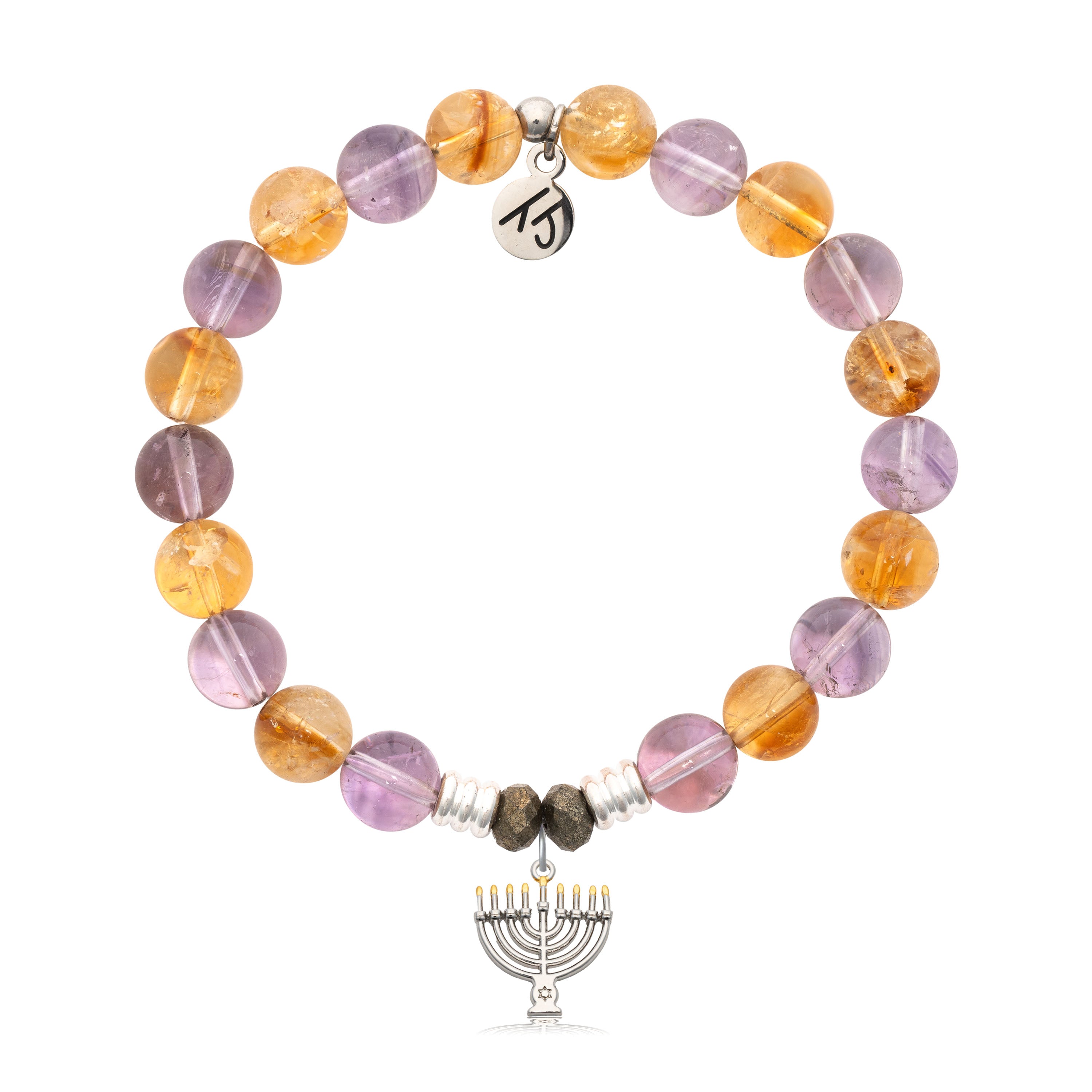 Amethyst Citrine Gemstone Bracelet with Menorah Sterling Silver Charm