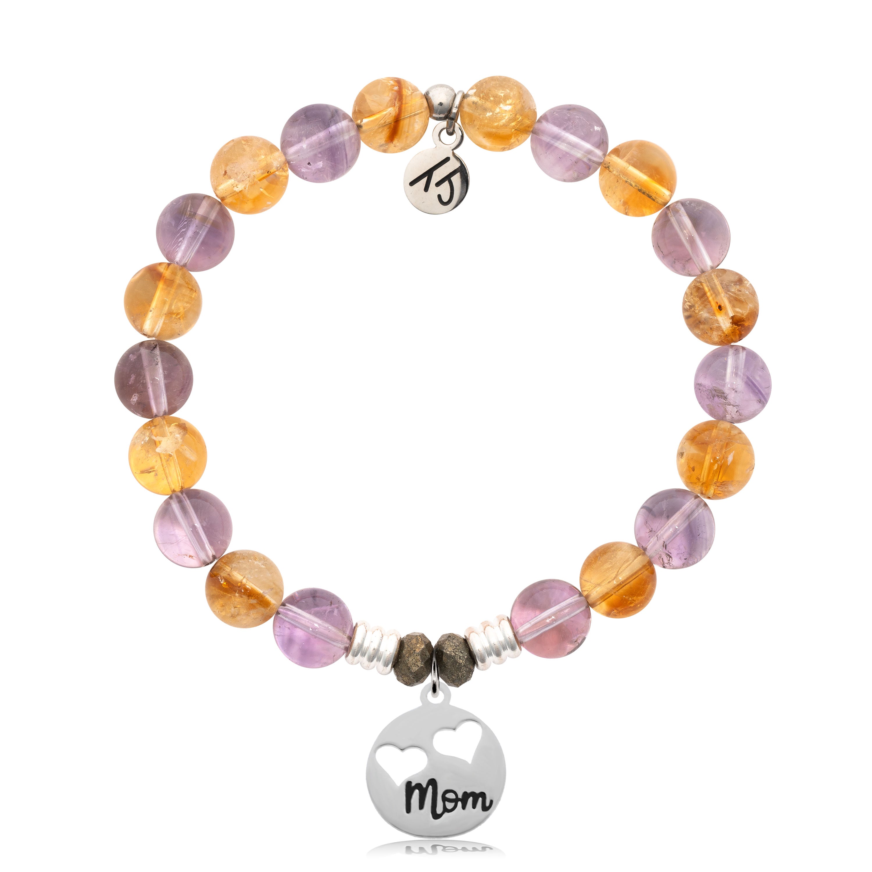 Amethyst Citrine Gemstone Bracelet with Mom Hearts Sterling Silver Charm