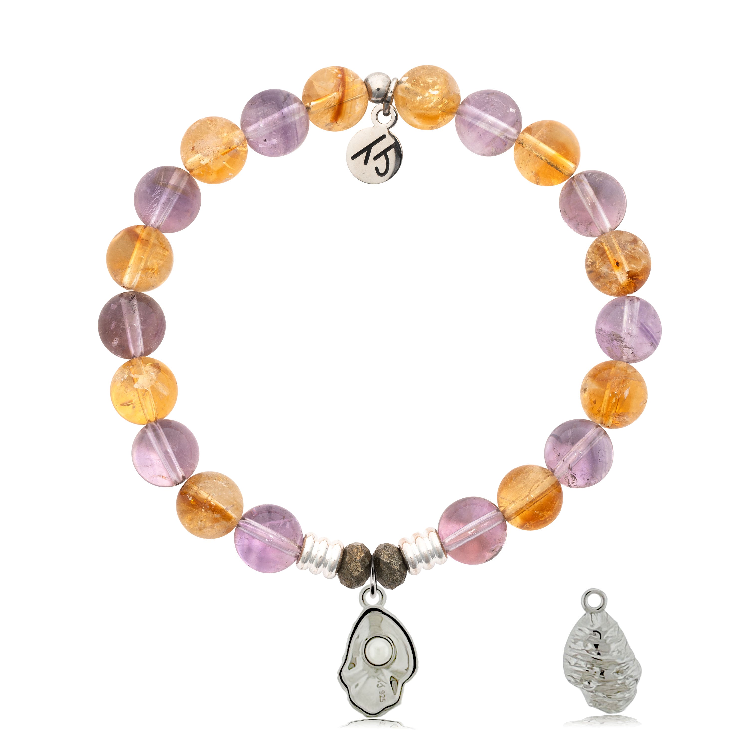 Amethyst Citrine Gemstone Bracelet with Oyster Sterling Silver Charm