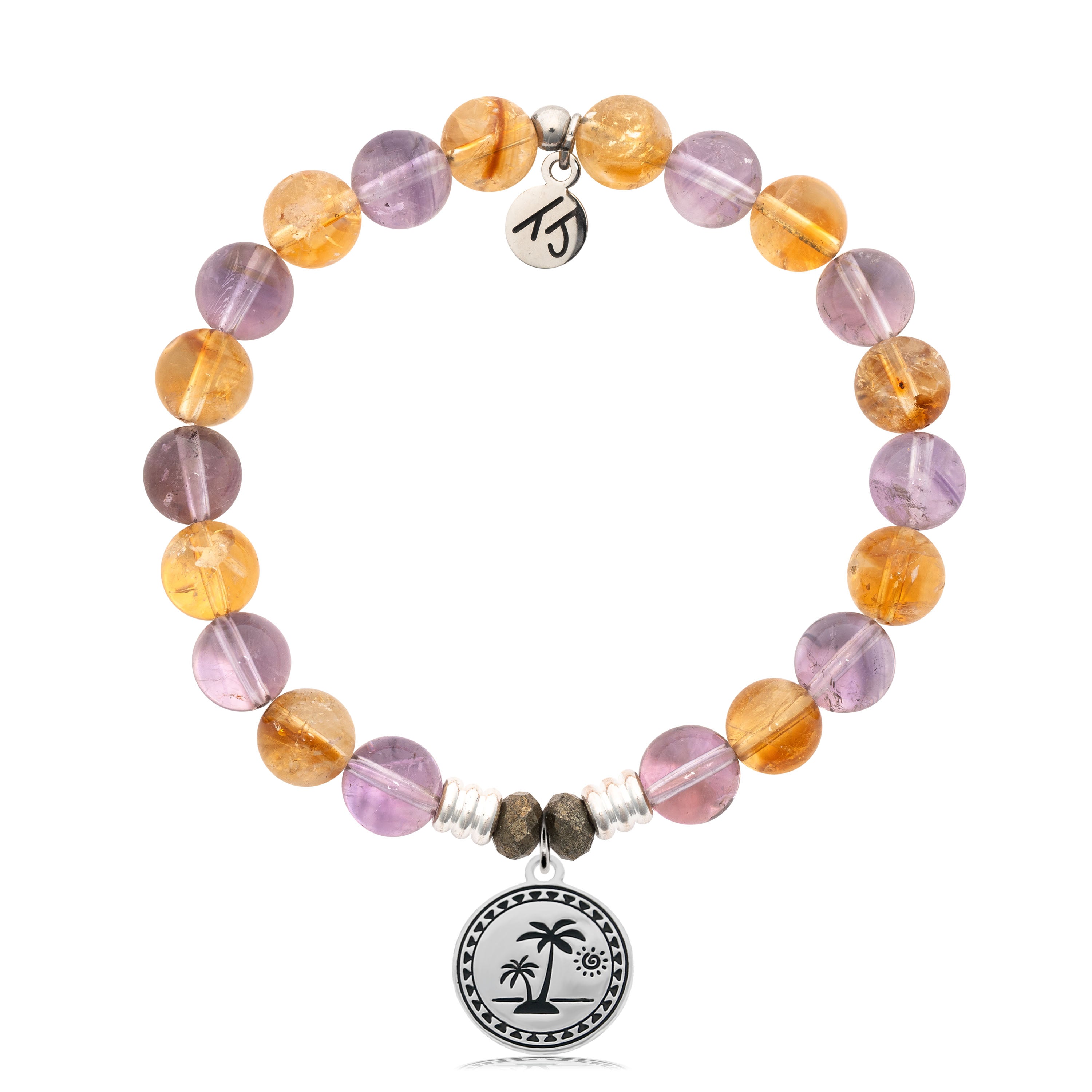 Amethyst Citrine Gemstone Bracelet with Palm Tree Sterling Silver Charm
