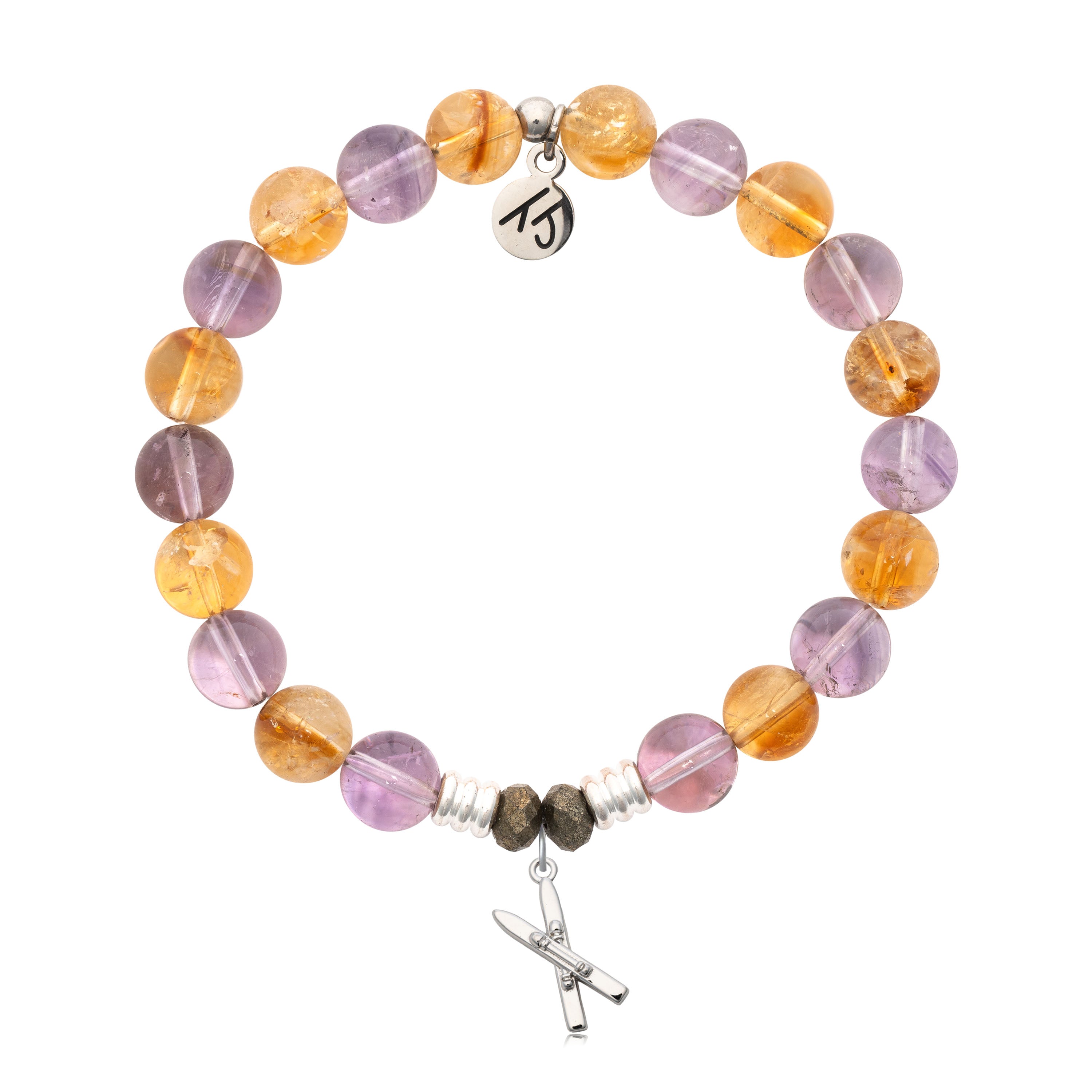 Amethyst Citrine Gemstone Bracelet with Skis Sterling Silver Charm