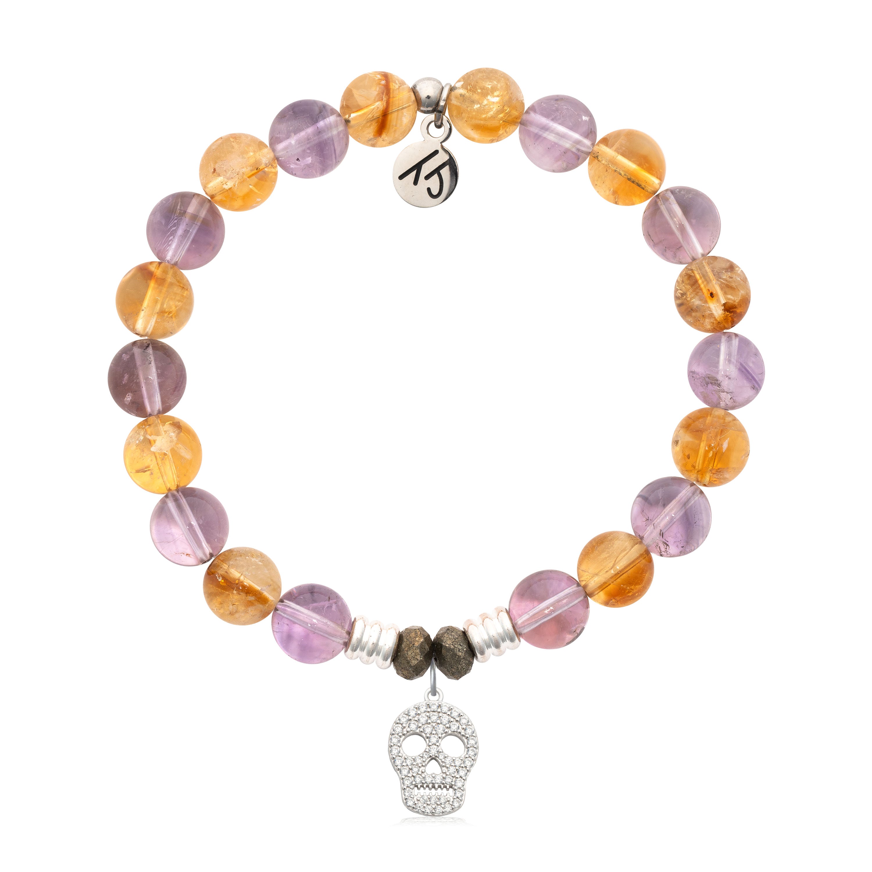 Amethyst Citrine Gemstone Bracelet with Skull CZ Sterling Silver Charm