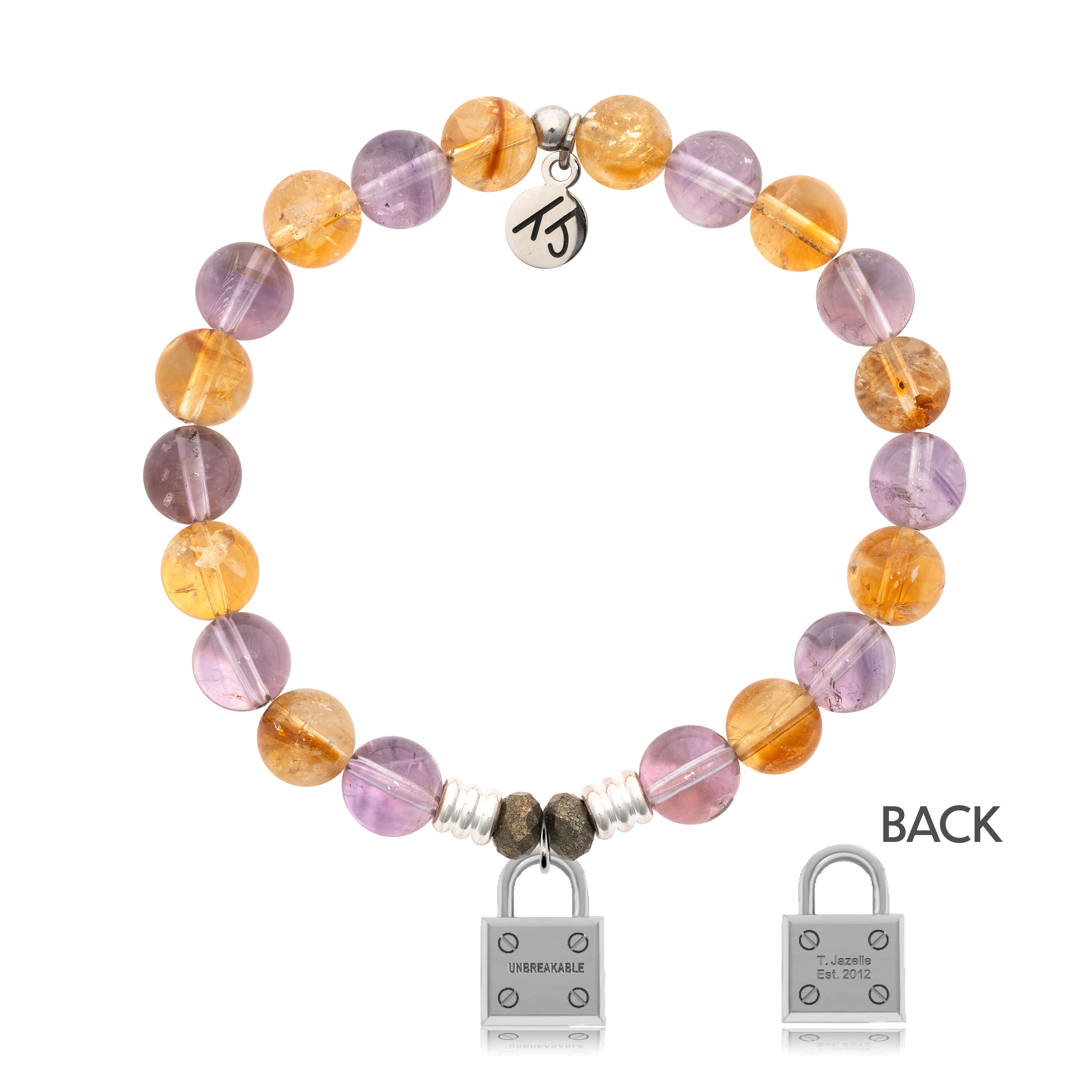 Amethyst Citrine Gemstone Bracelet with Unbreakable Sterling Silver Charm