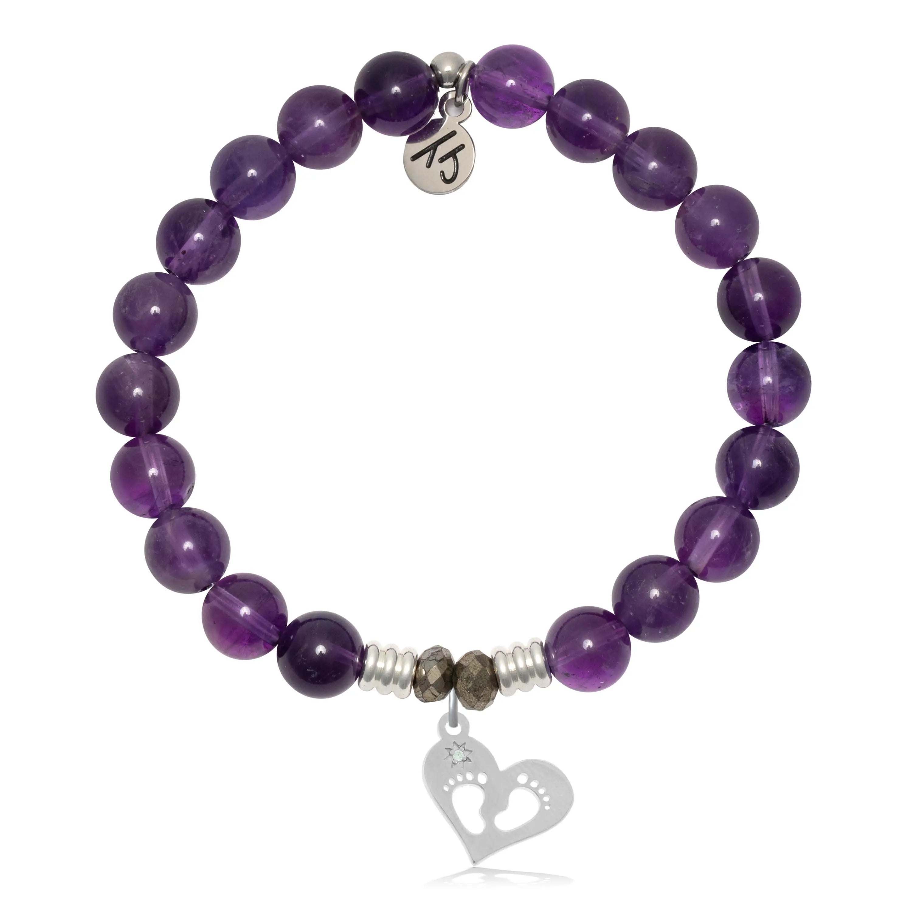 Amethyst Gemstone Bracelet with Baby Feet Sterling Silver Charm