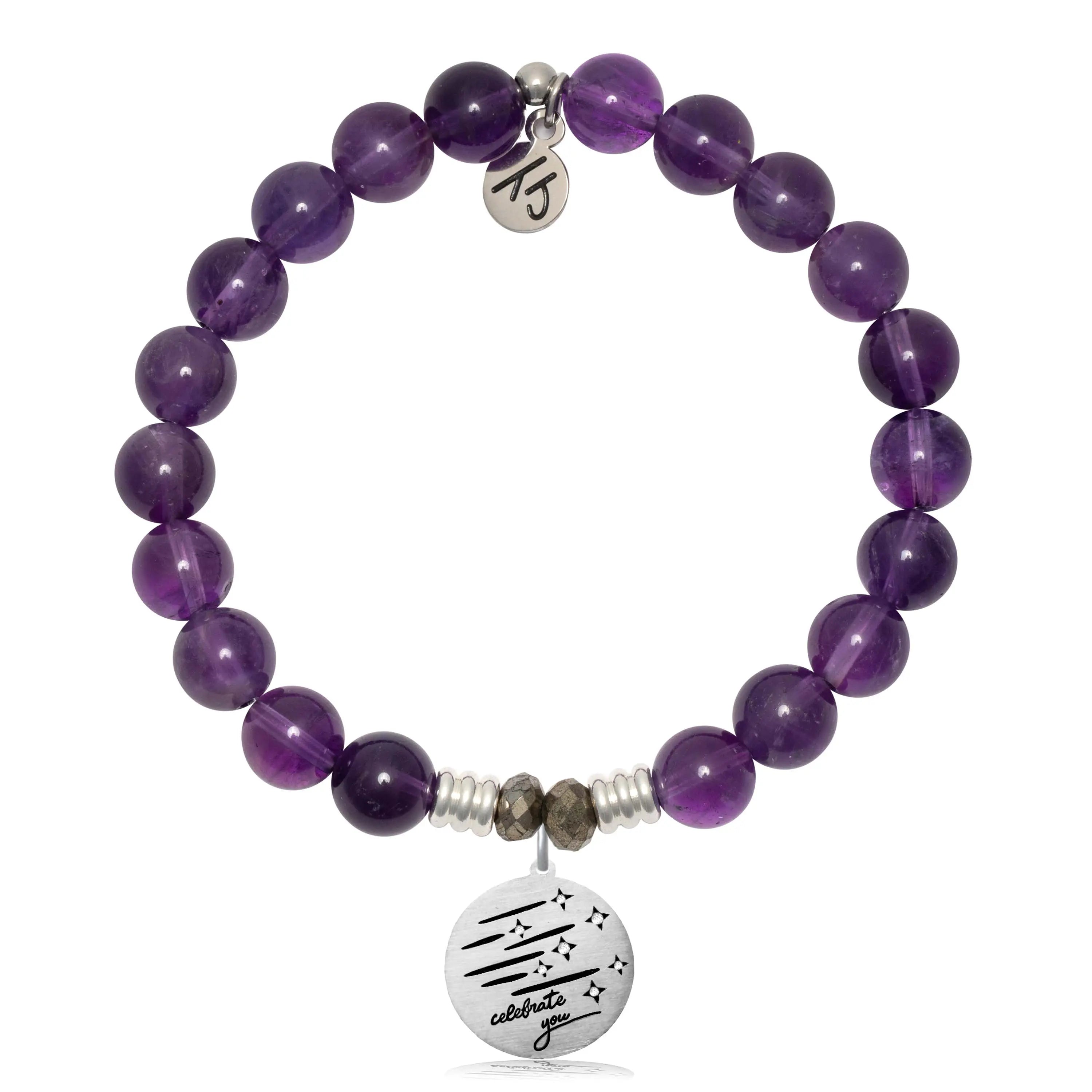 Amethyst Gemstone Bracelet with Birthday Wishes Sterling Silver Charm