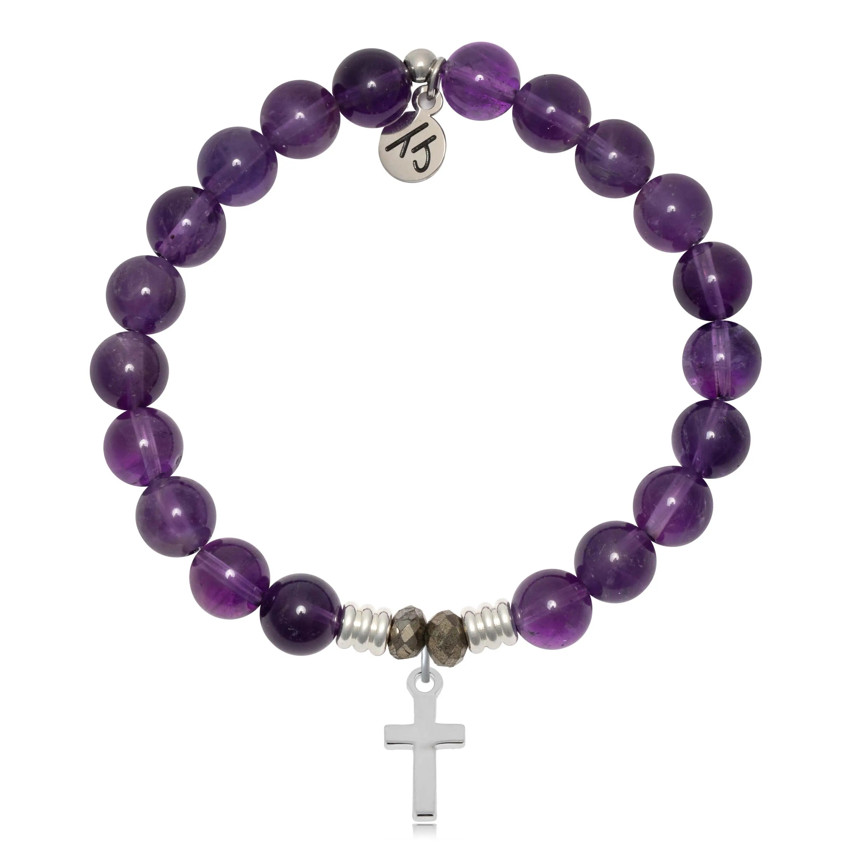 Amethyst Gemstone Bracelet with Cross Sterling Silver Charm