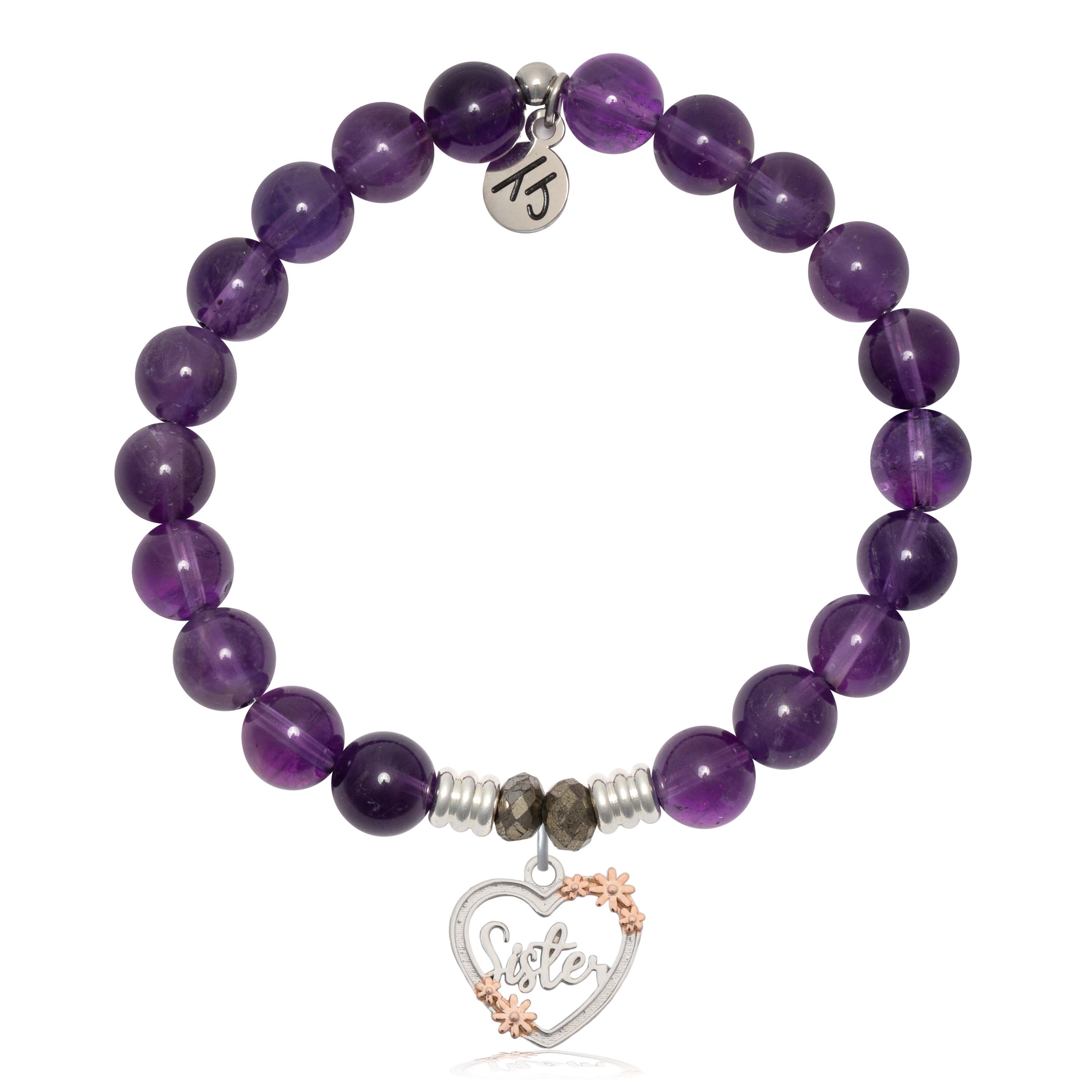 Amethyst Gemstone Bracelet with Heart Sister Sterling Silver Charm