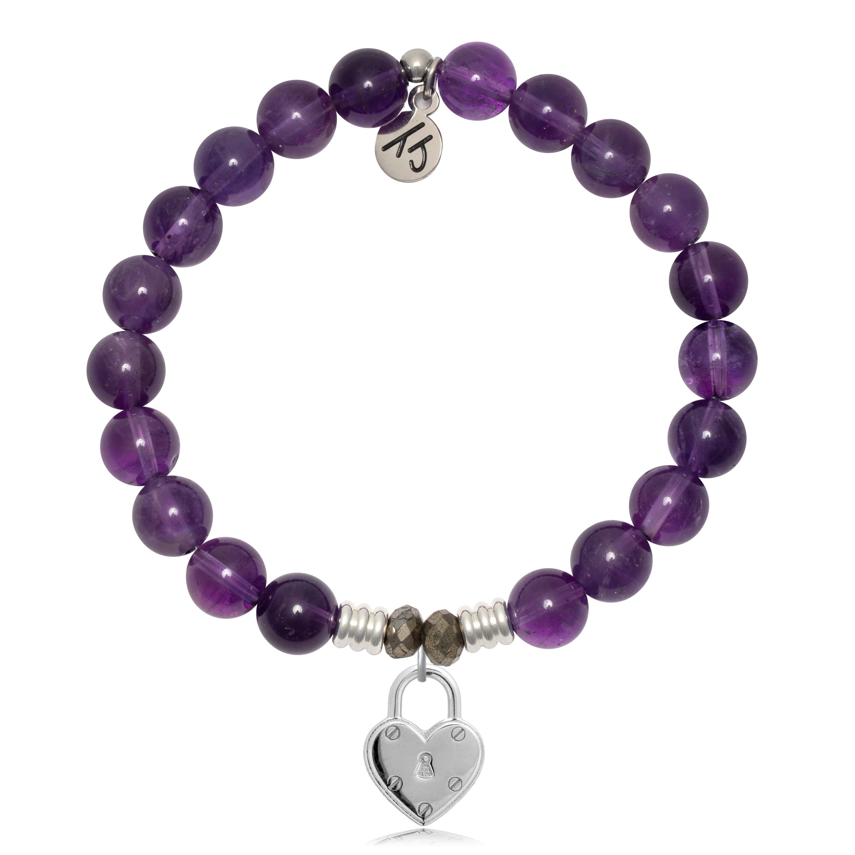 Amethyst Gemstone Bracelet with Love Lock Sterling Silver Charm
