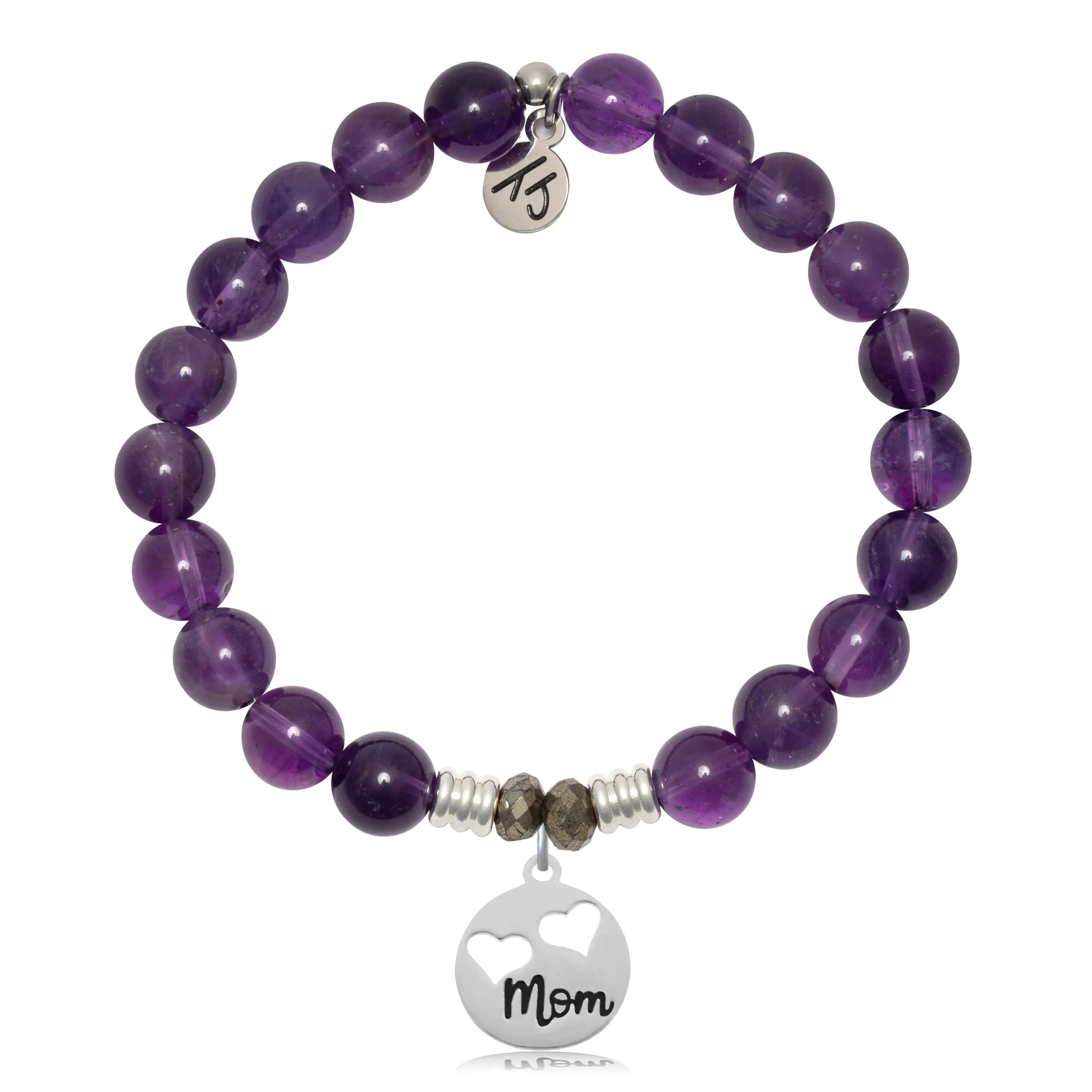 Amethyst Gemstone Bracelet with Mom Hearts Sterling Silver Charm