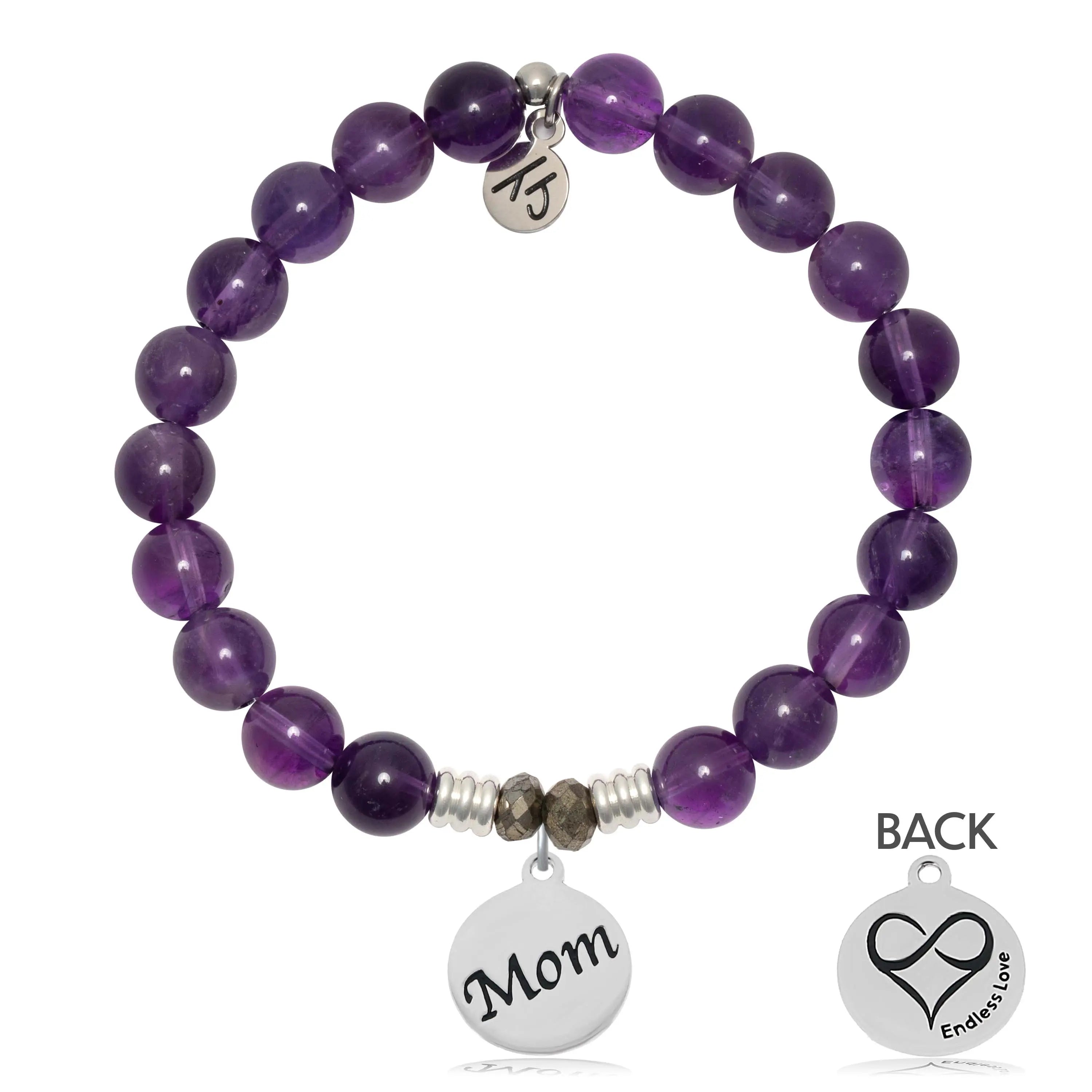 Amethyst Gemstone Bracelet with Mom Sterling Silver Charm