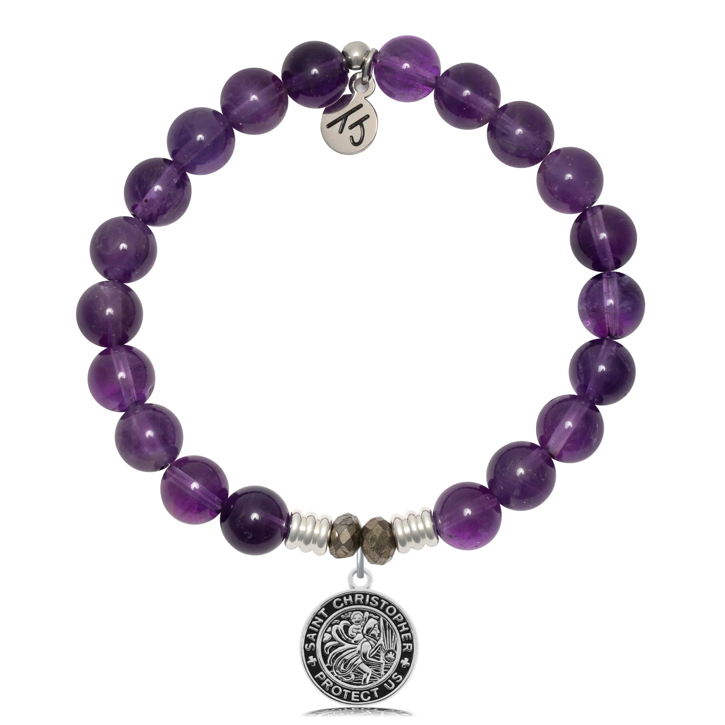 Amethyst Gemstone Bracelet with Saint Christopher Sterling Silver Charm
