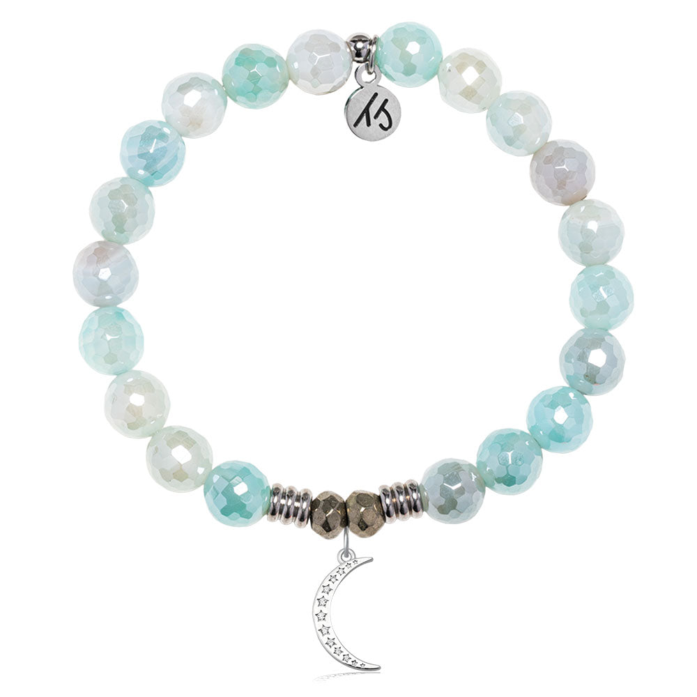 Aqua Agate Gemstone Bracelet with Friendship Moon Sterling Silver Charm