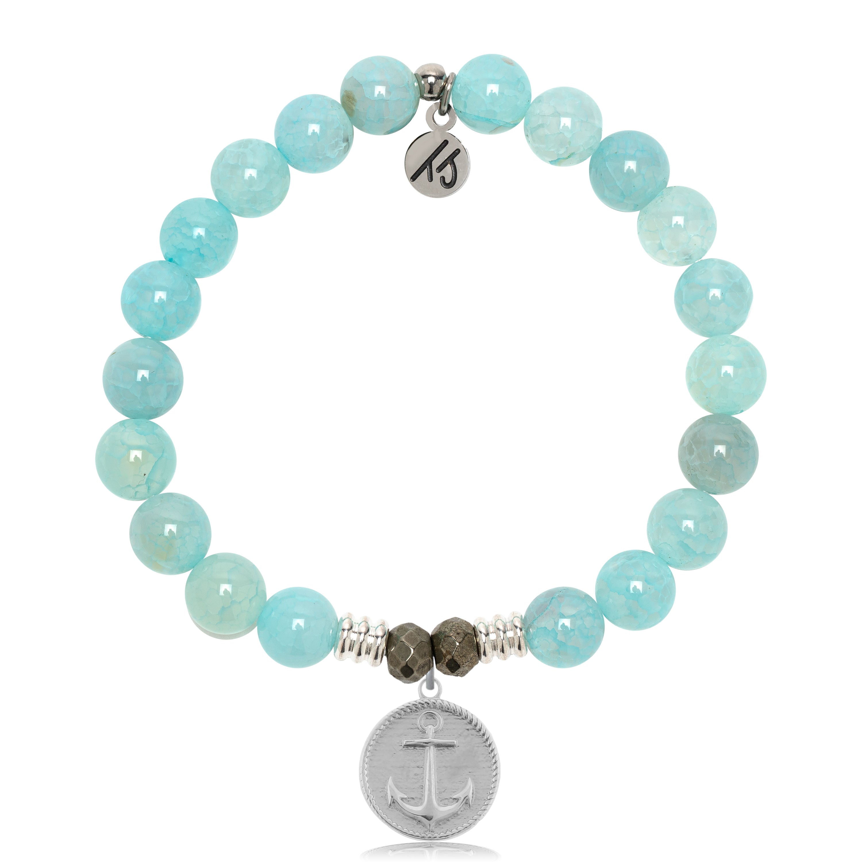 Aqua Fire Agate Gemstone Bracelet with Anchor Sterling Silver Charm