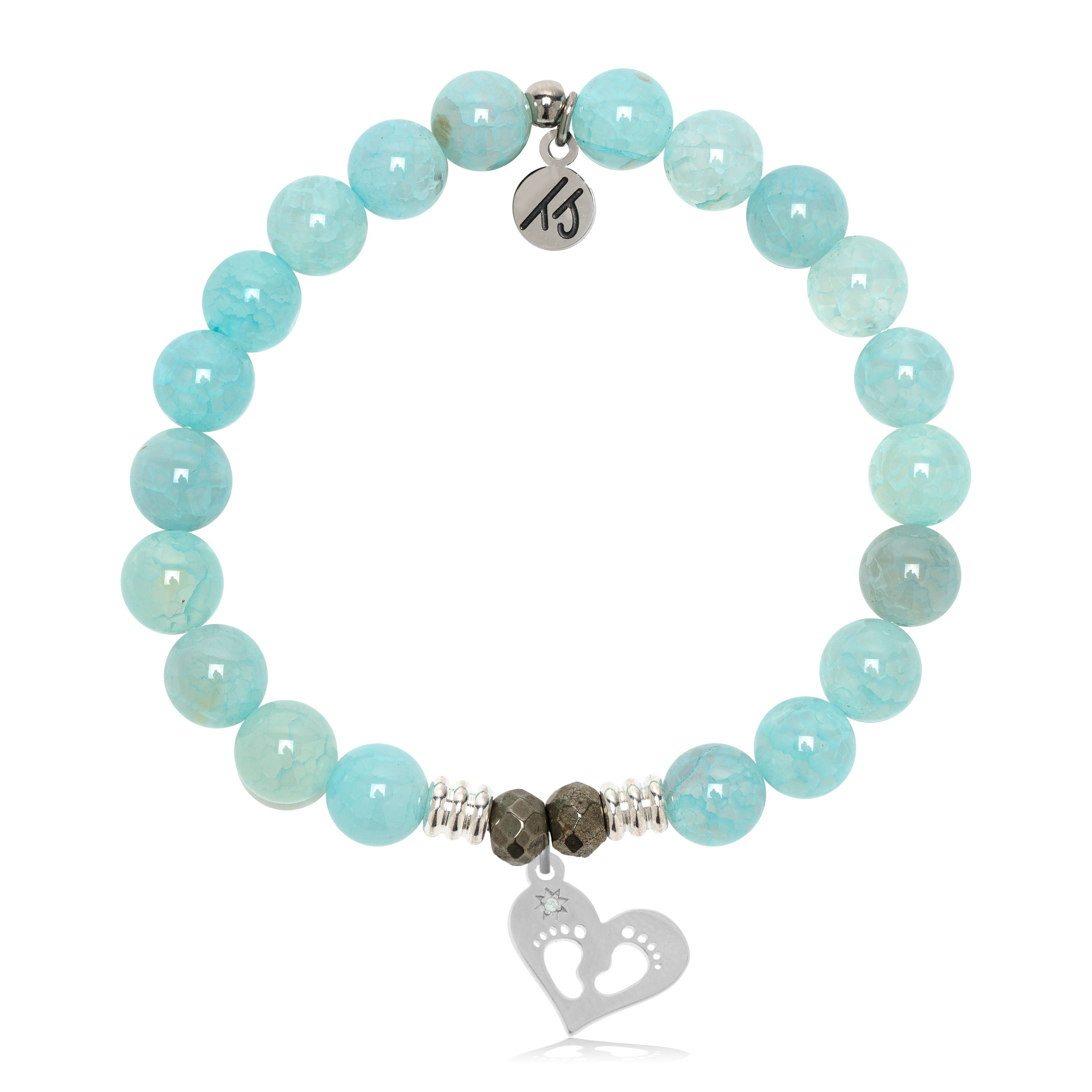 Aqua Fire Agate Gemstone Bracelet with Baby Feet Sterling Silver Charm