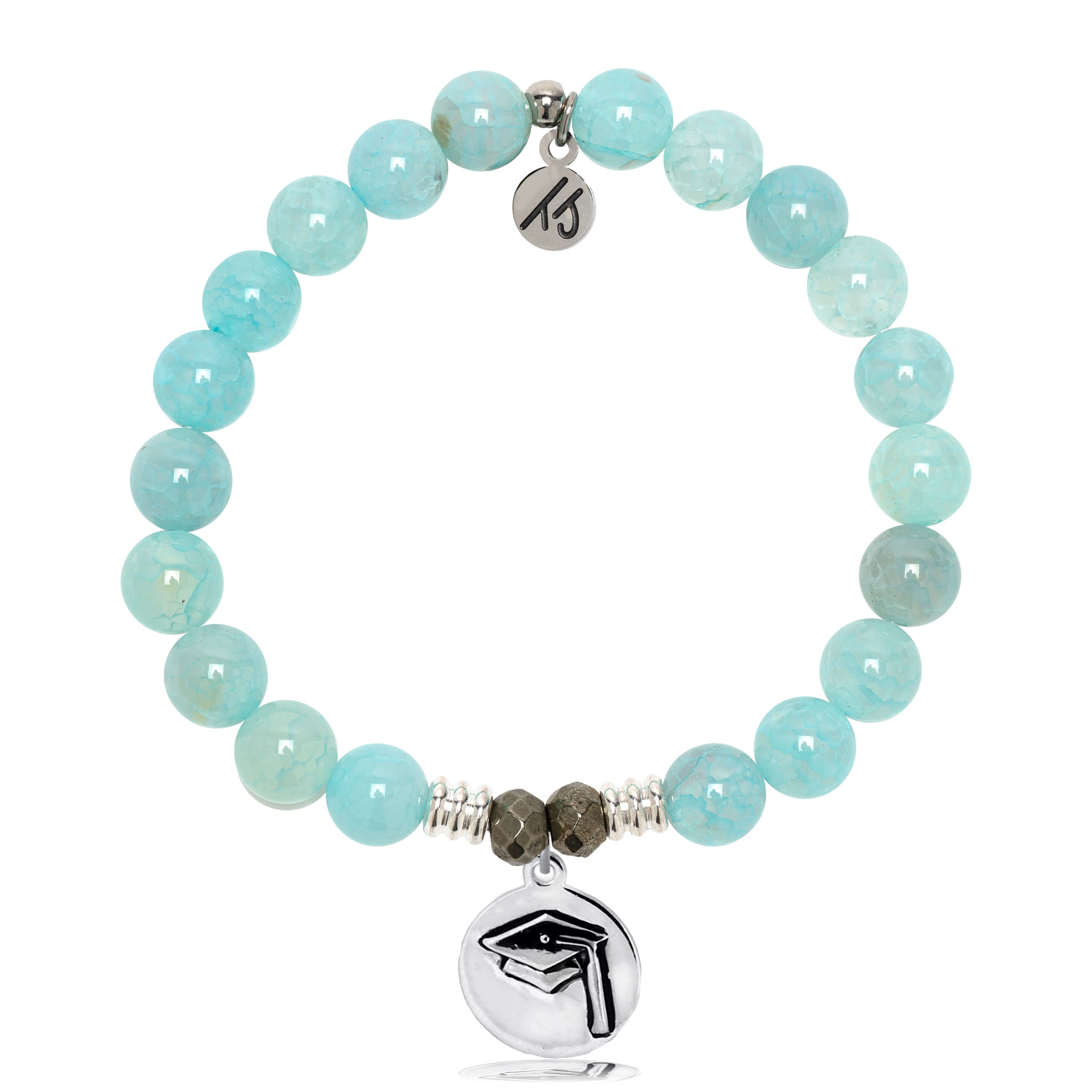 Aqua Fire Agate Gemstone Bracelet with Grad Cap Sterling Silver Charm