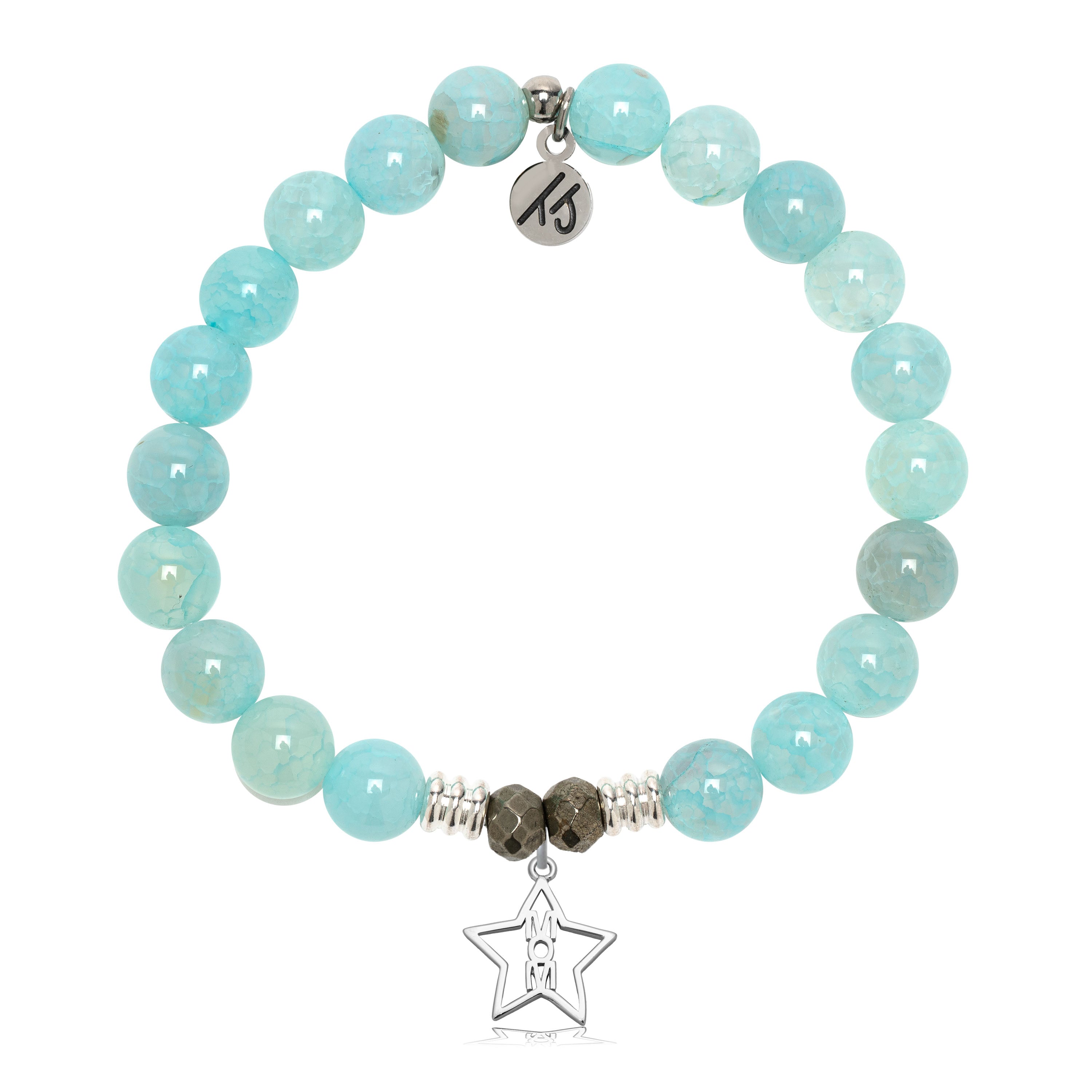 Aqua Fire Agate Gemstone Bracelet with Mom Star Sterling Silver Charm