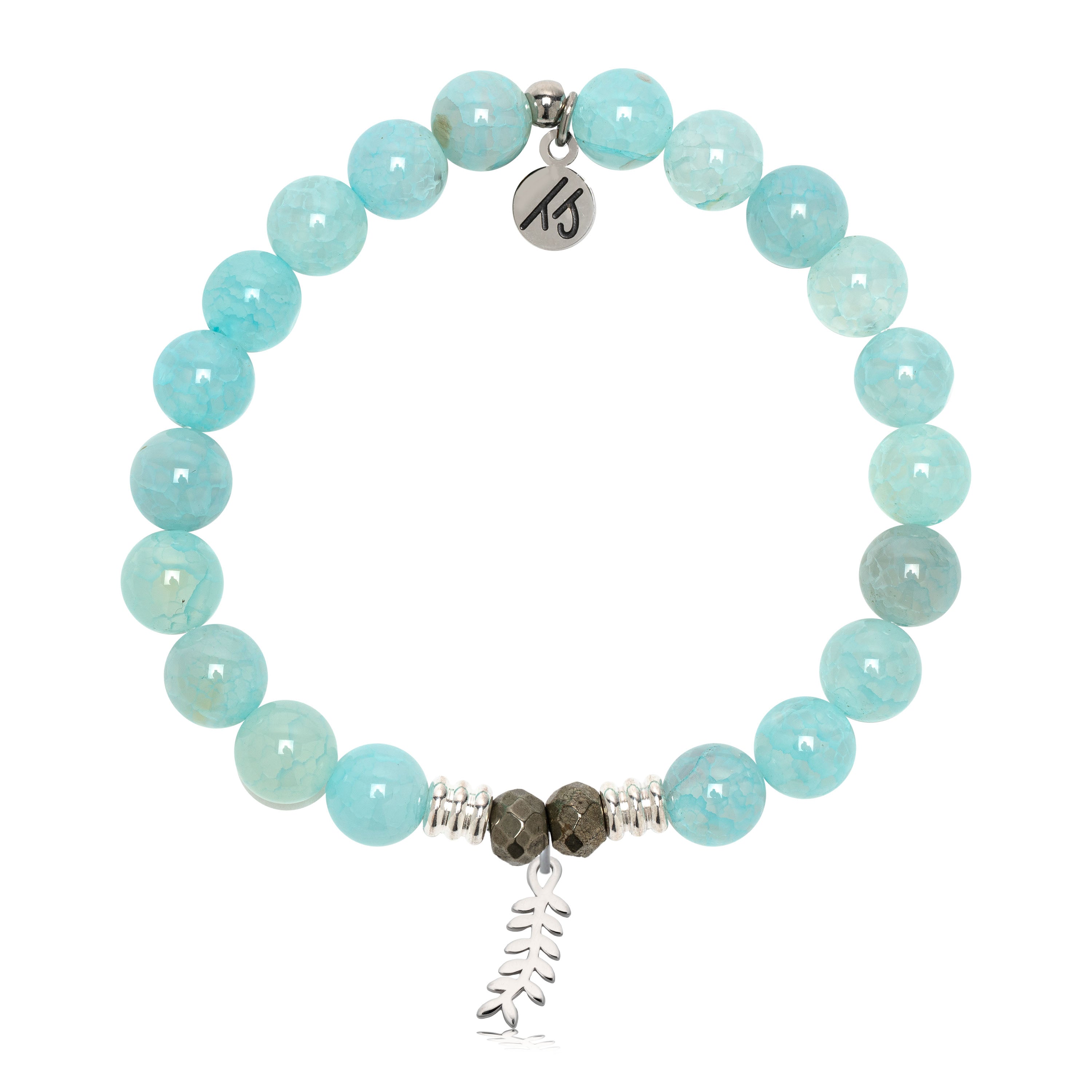 Aqua Fire Agate Gemstone Bracelet with Olive Branch Sterling Silver Charm