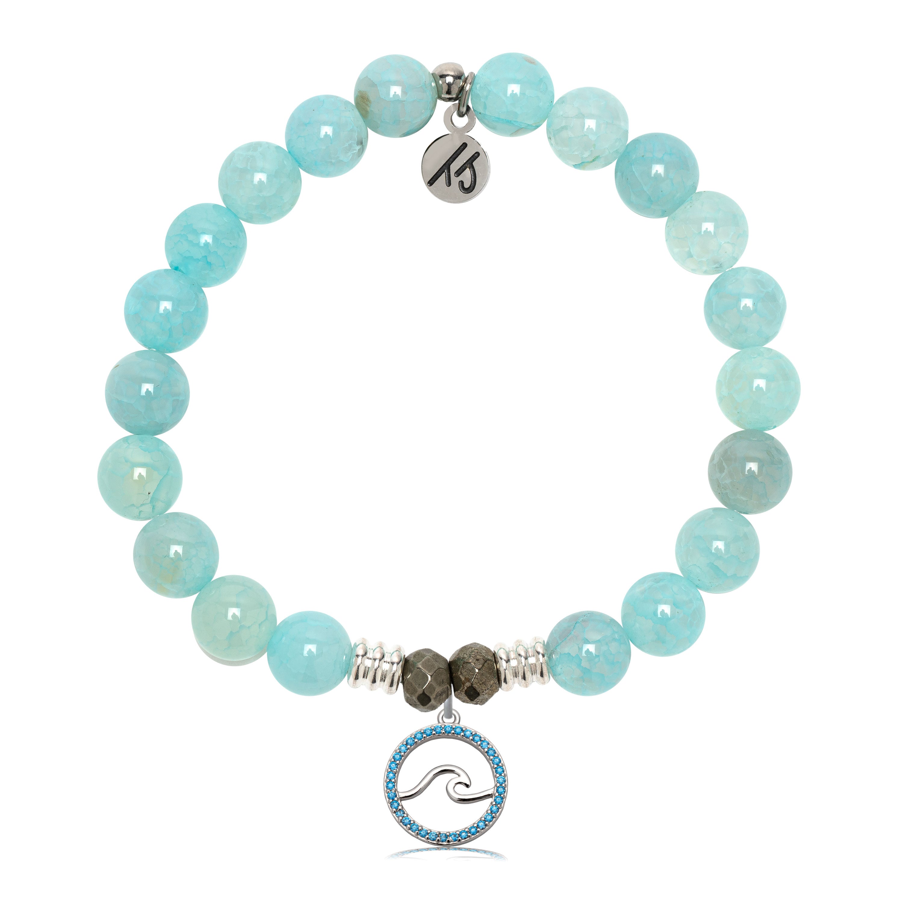 Aqua Fire Agate Gemstone Bracelet with Serenity Wave Sterling Silver Charm