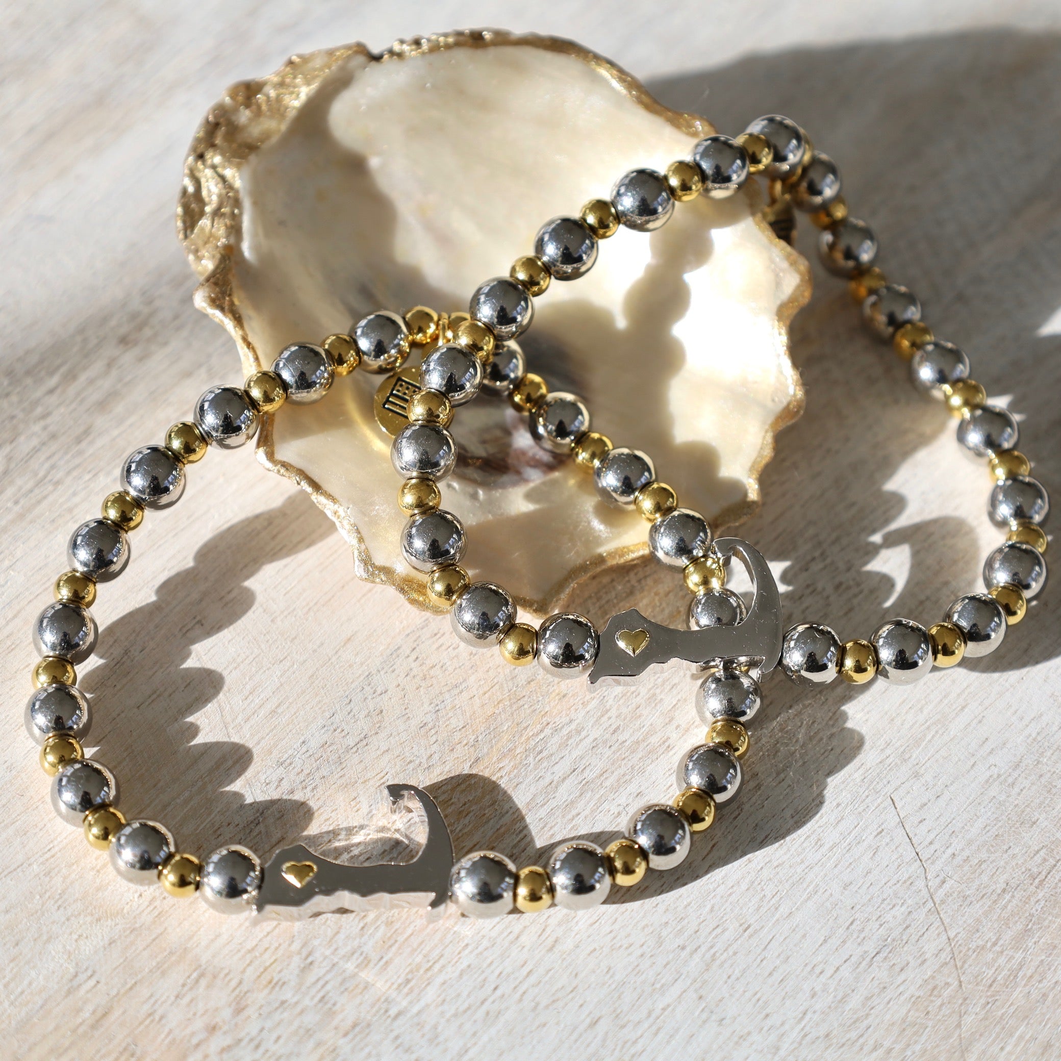 Beaded Moments Bracelet- Cape Cod Sterling Silver Charm with Silver Steel & Gold