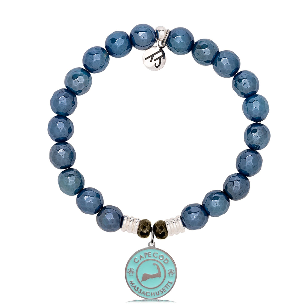 Blue Agate Gemstone Bracelet with Cape Cod Enamel Sterling Silver Charm