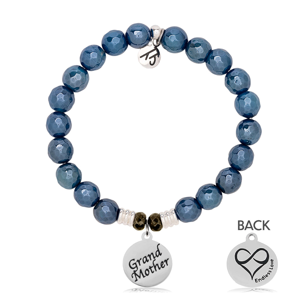 Blue Agate Gemstone Bracelet with Grandmother Sterling Silver Charm