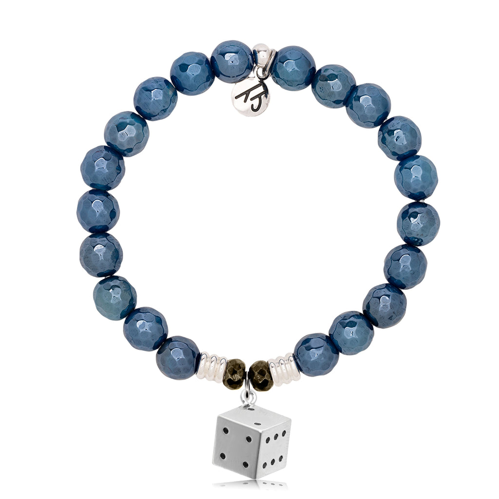 Blue Agate Gemstone Bracelet with Lucky Dice Sterling Silver Charm
