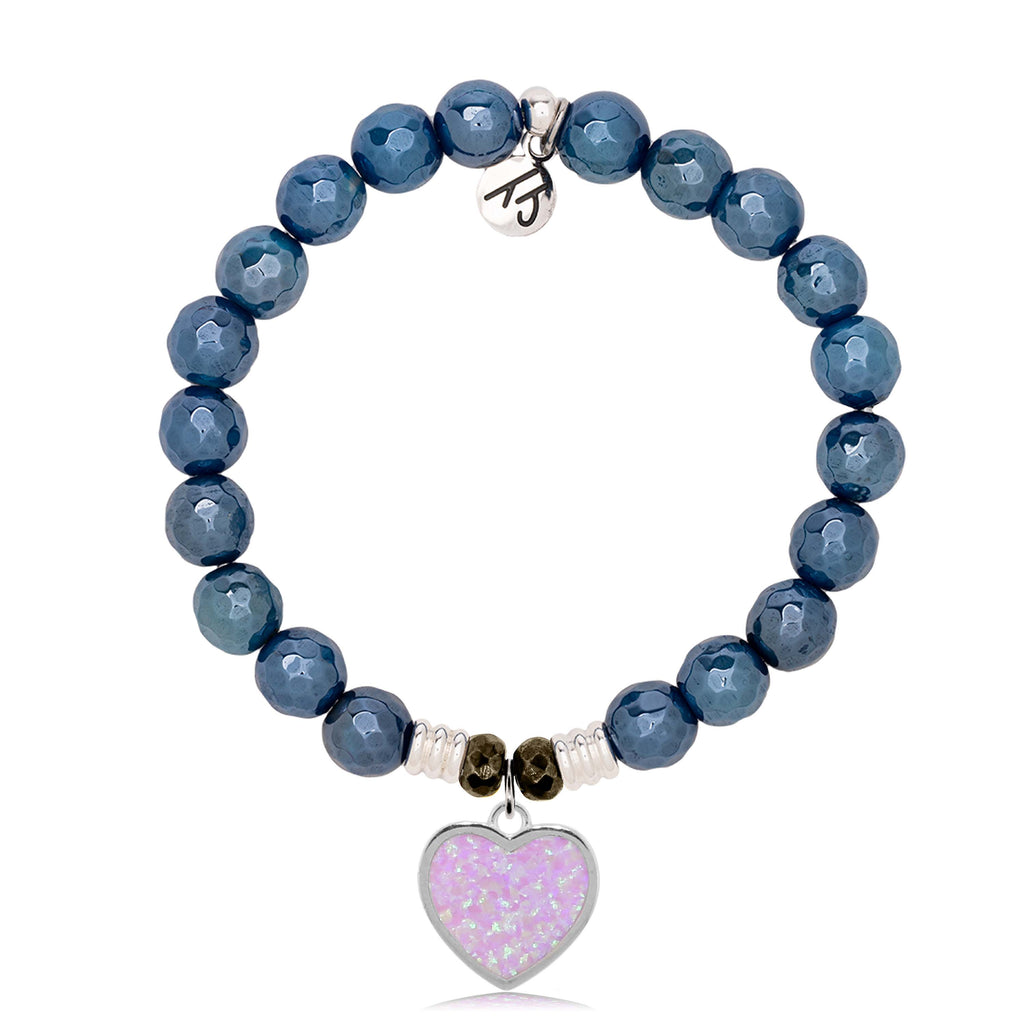 Blue Agate Gemstone Bracelet with Pink Opal Heart Sterling Silver Charm