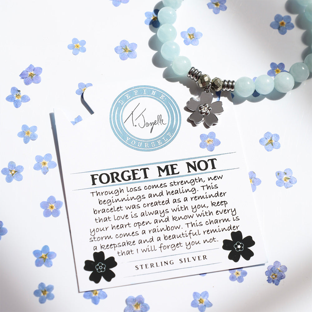 Blue Aquamarine Gemstone Bracelet with Forget Me Not Sterling Silver Charm