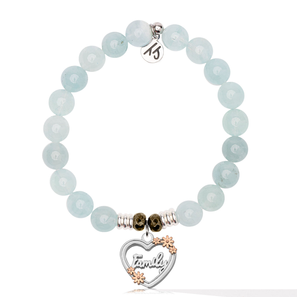 Blue Aquamarine Gemstone Bracelet with Heart Family Sterling Silver Charm
