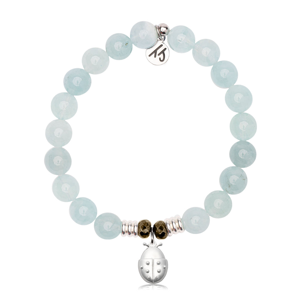 Blue Aquamarine Gemstone Bracelet with Ladybug Sterling Silver Charm