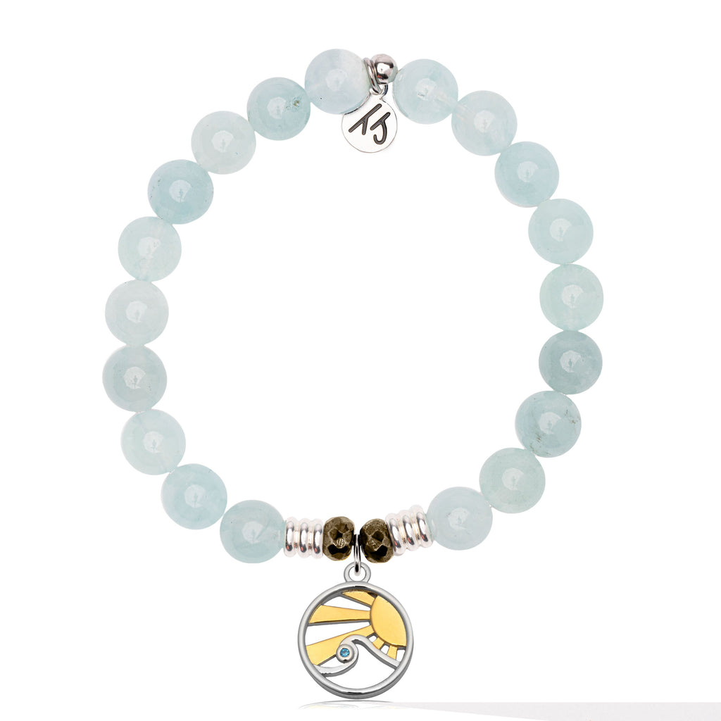 Blue Aquamarine Gemstone Bracelet with Rising Sun Sterling Silver Charm