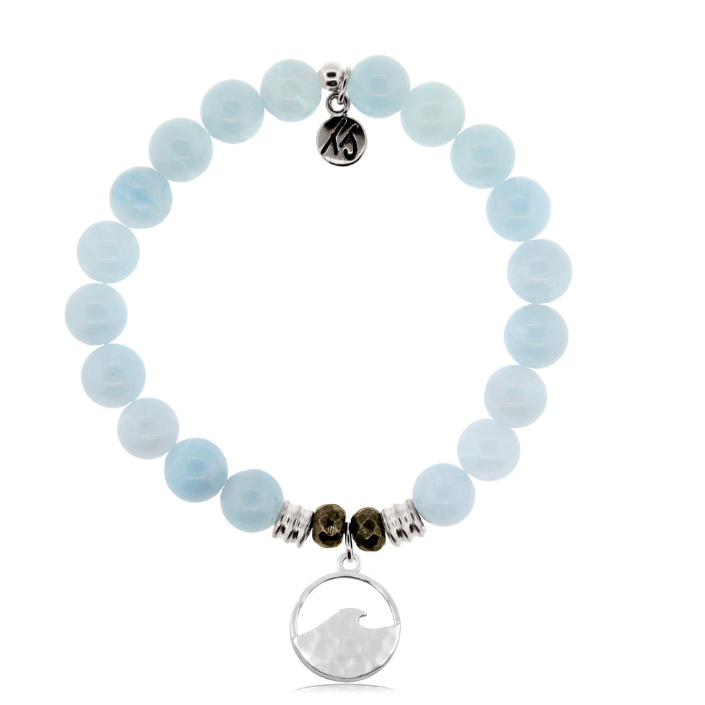 Blue Aquamarine Stone Bracelet with Hammered Waves Sterling Silver Charm