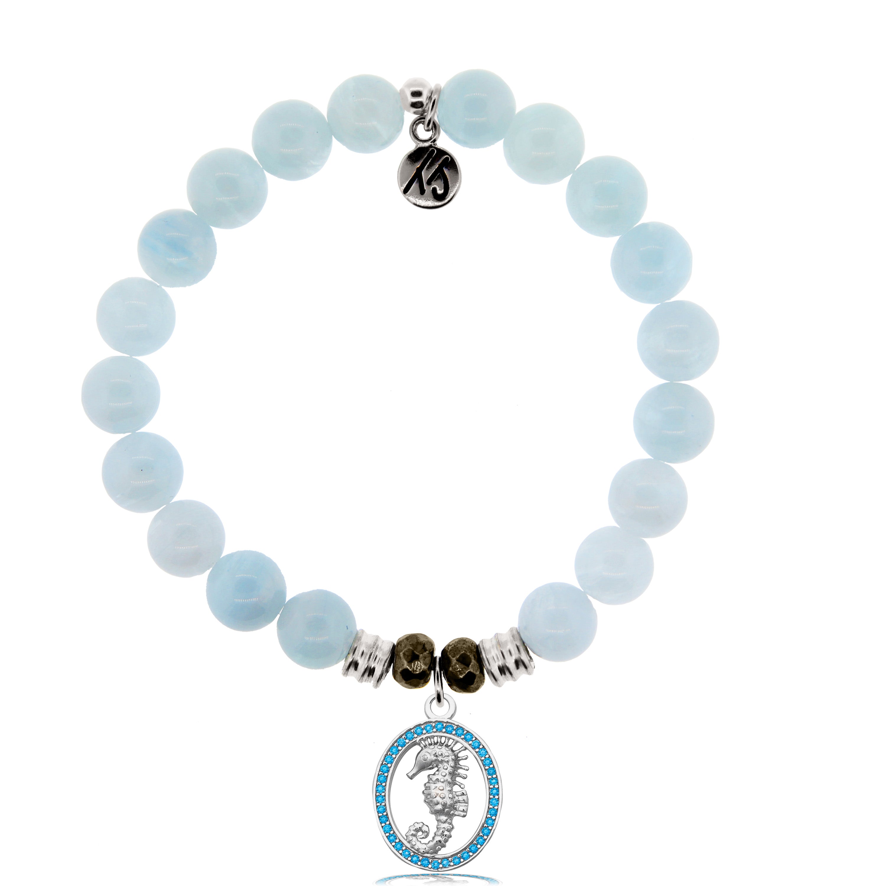 Blue Aquamarine Stone Bracelet with Seahorse Sterling Silver Charm