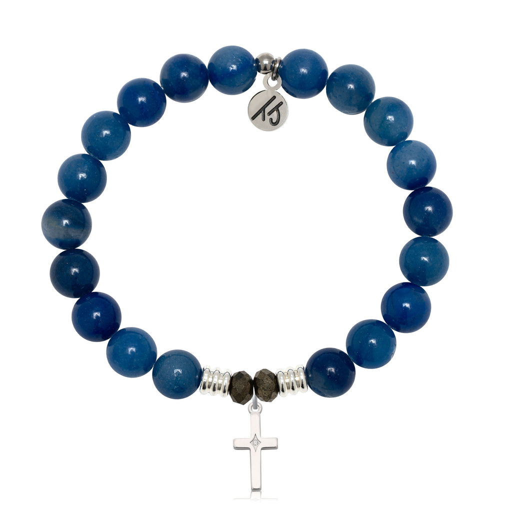 Blue Aventurine Gemstone Bracelet with Cross CZ Sterling Silver Charm