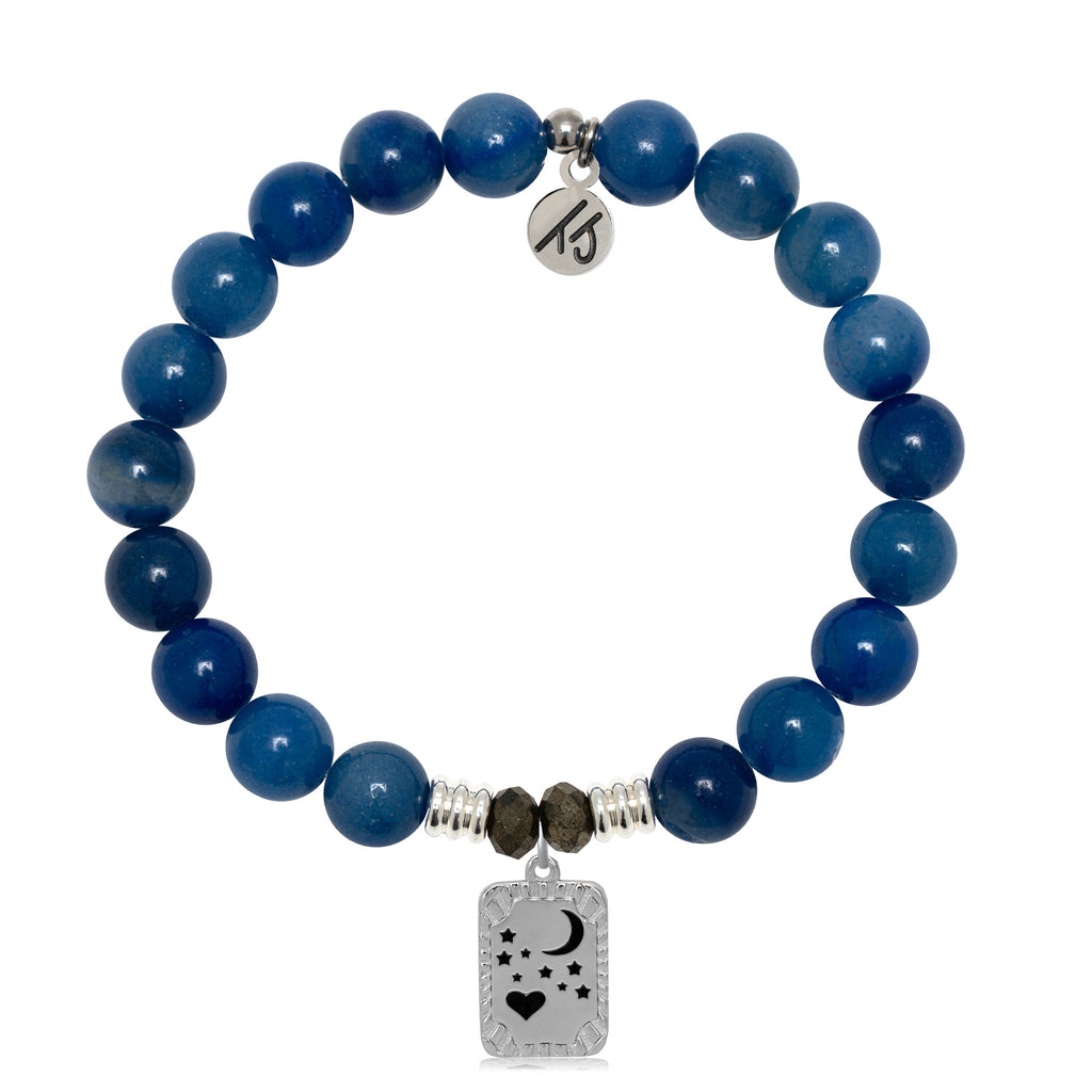 Blue Aventurine Gemstone Bracelet with Moon and Back Sterling Silver Charm