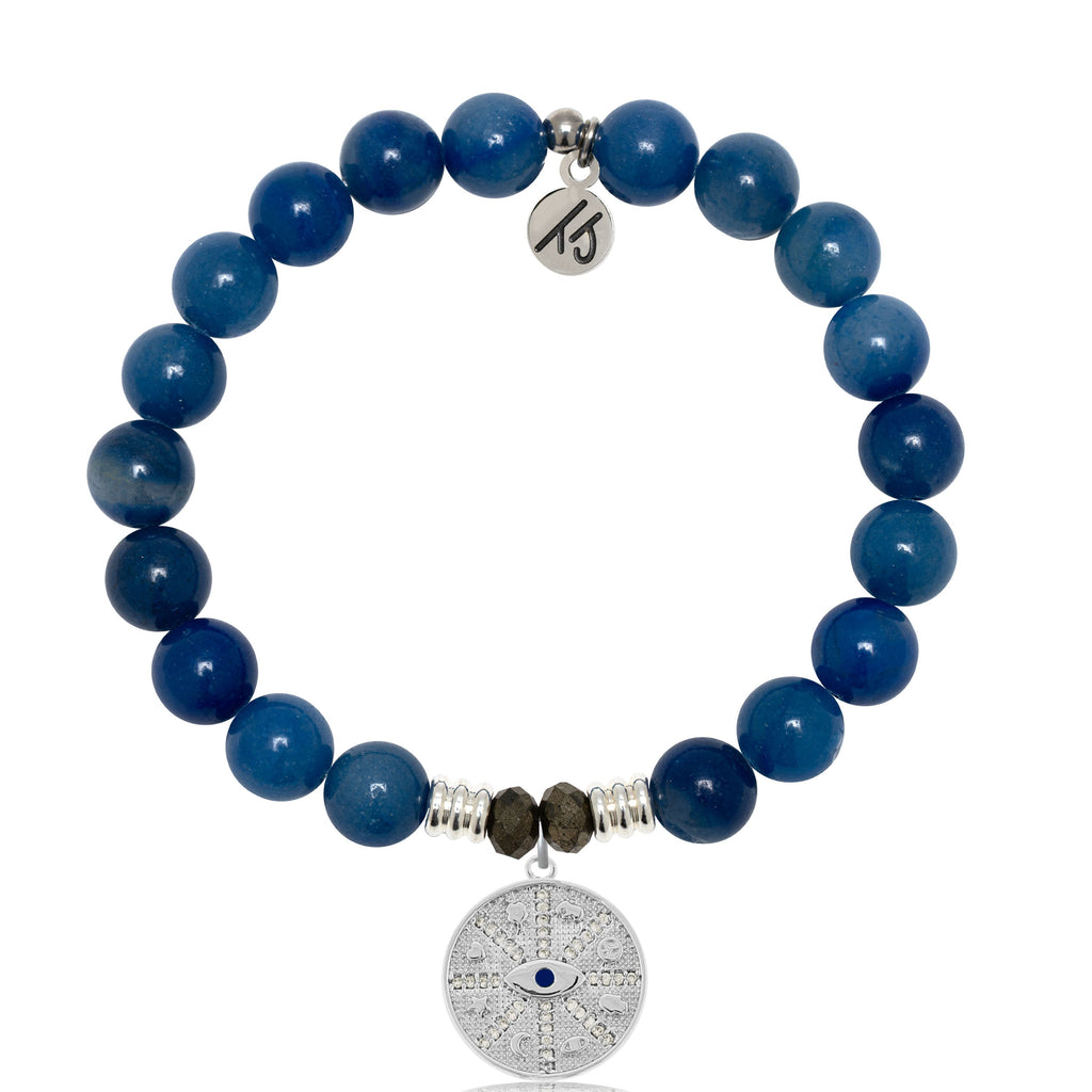 Blue Aventurine Gemstone Bracelet with Protection Sterling Silver Charm
