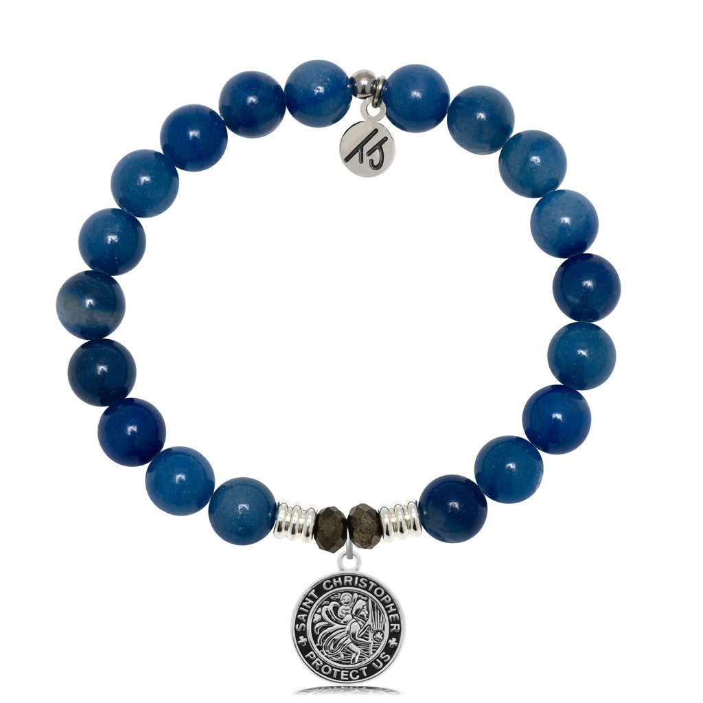 Blue Aventurine Gemstone Bracelet with Saint Christopher Sterling Silver Charm