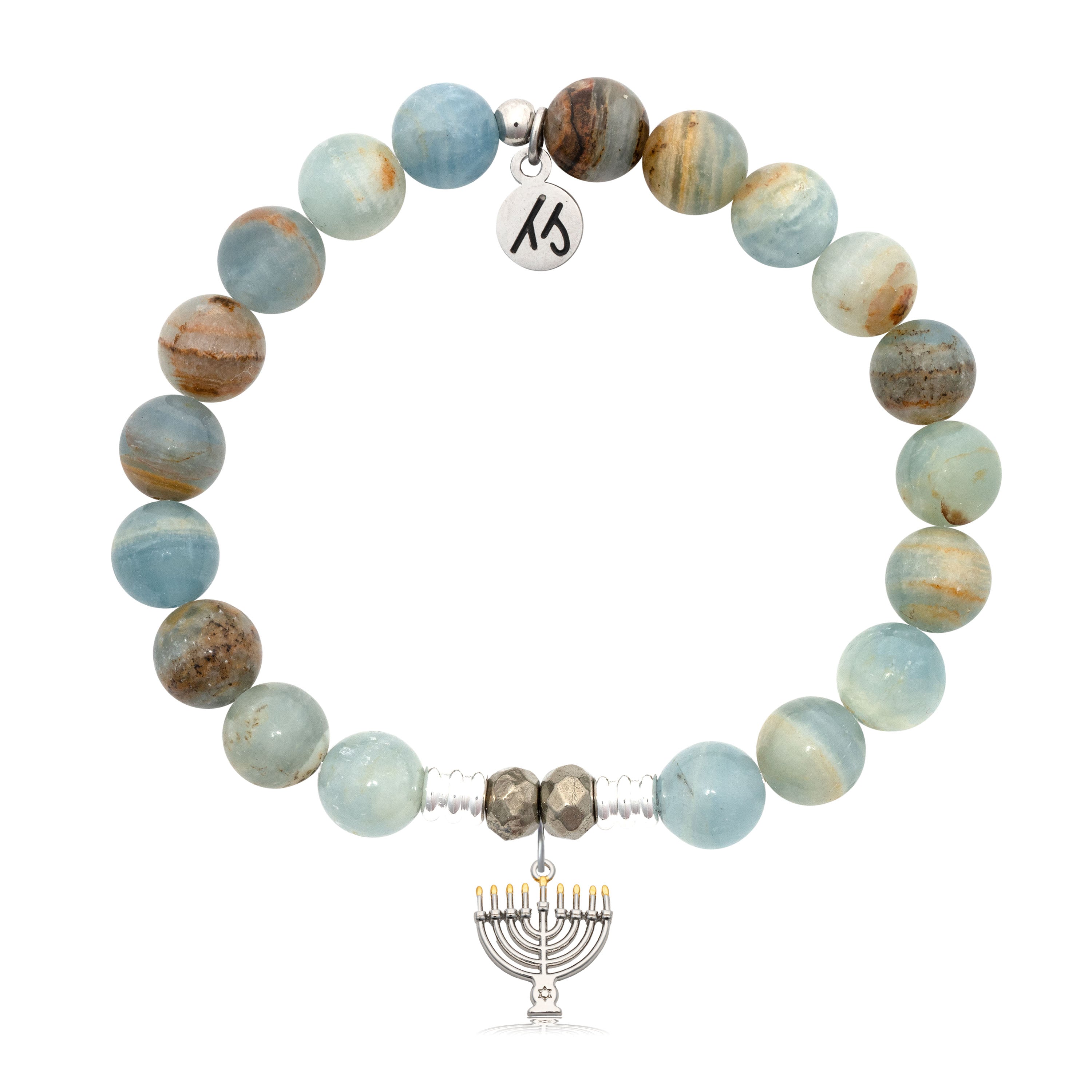Blue Calcite Gemstone Bracelet with Menorah Sterling Silver Charm