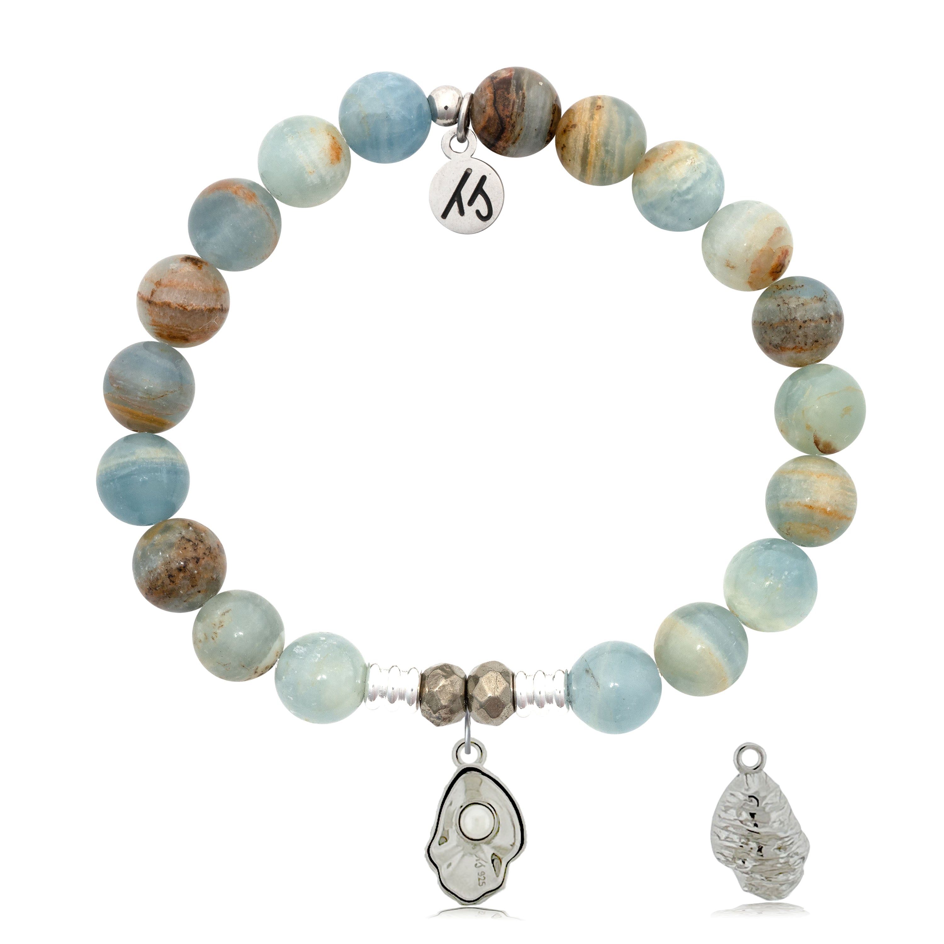 Blue Calcite Gemstone Bracelet with Oyster Sterling Silver Charm