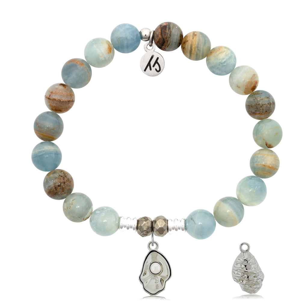 Blue Calcite Gemstone Bracelet with Oyster Sterling Silver Charm