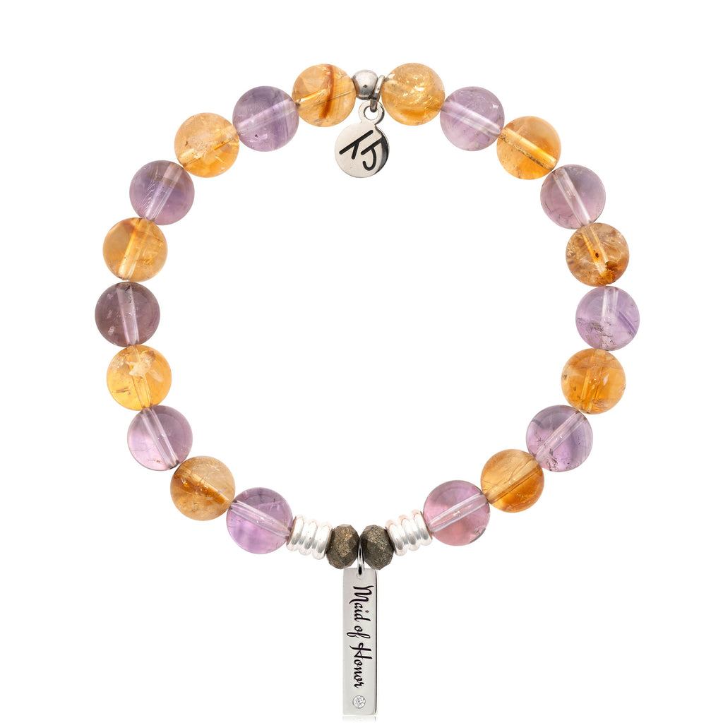 Bridal Collection: Amethyst Citrine Gemstone Bracelet with Maid of Honor Sterling Silver Charm Bar