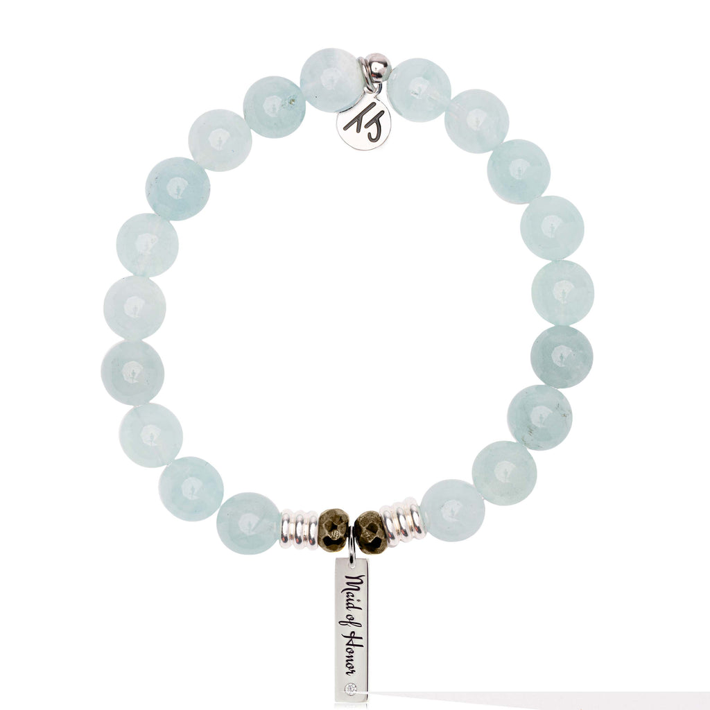 Bridal Collection: Blue Aquamarine Stone Bracelet with Maid of Honor Sterling Silver Charm Bar