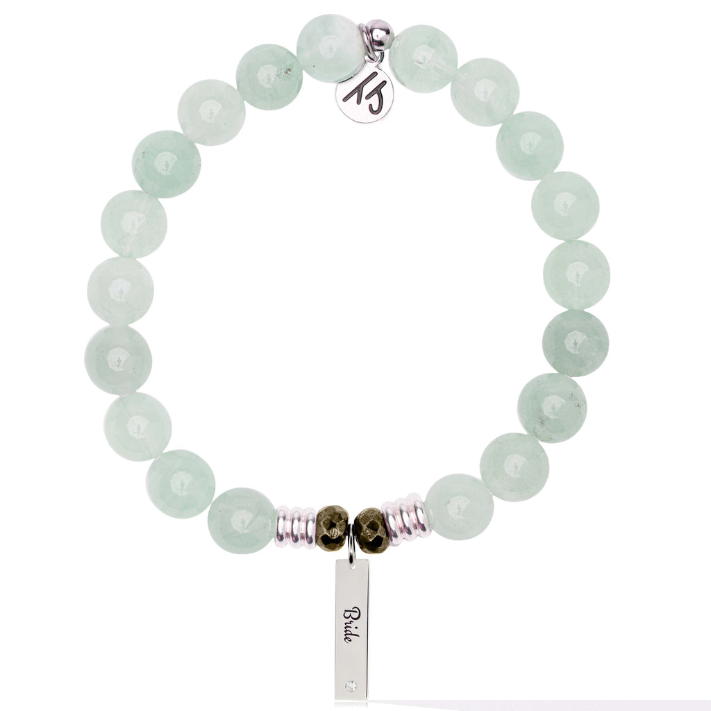 Bridal Collection: Green Angelite Stone Bracelet with Bride Sterling Silver Charm Bar
