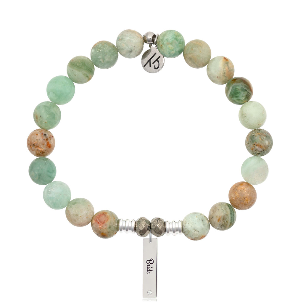 Bridal Collection: Green Quartz Stone Bracelet with Bride Sterling Silver Charm Bar