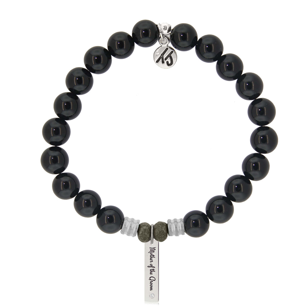 Bridal Collection: Onyx Stone Bracelet with Mother of the Groom Sterling Silver Charm Bar