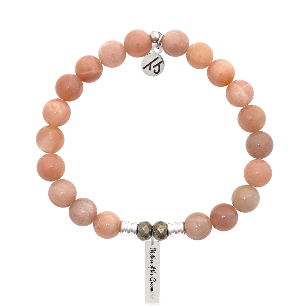 Bridal Collection: Peach Moonstone Stone Bracelet with Mother of the Groom Sterling Silver Charm Bar